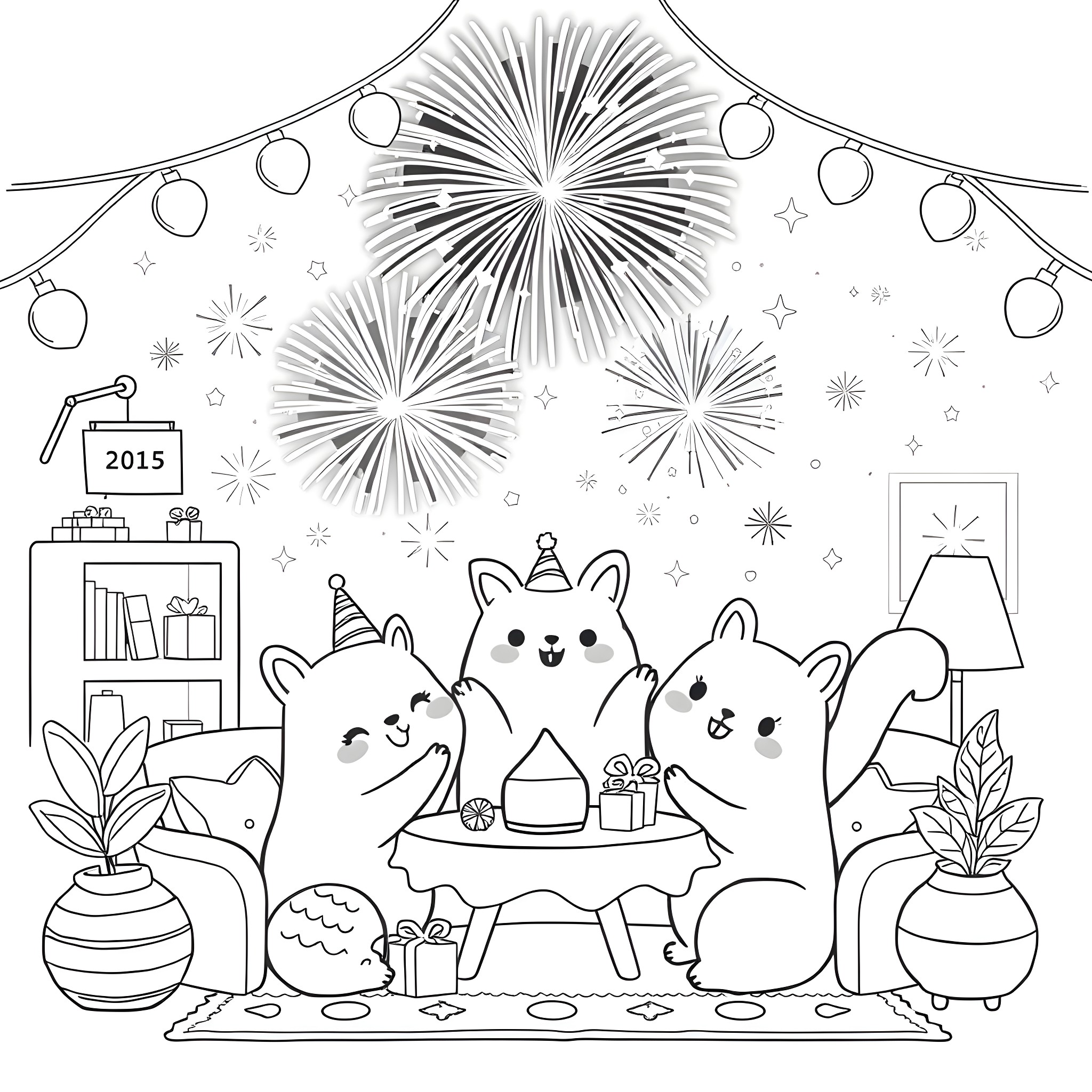 Animal Celebration with Cute Cartoon Characters Coloring Page (free black-and-white line drawing printable PDF for all, from beginners to advanced learners, including children, teens, adults, and seniors)