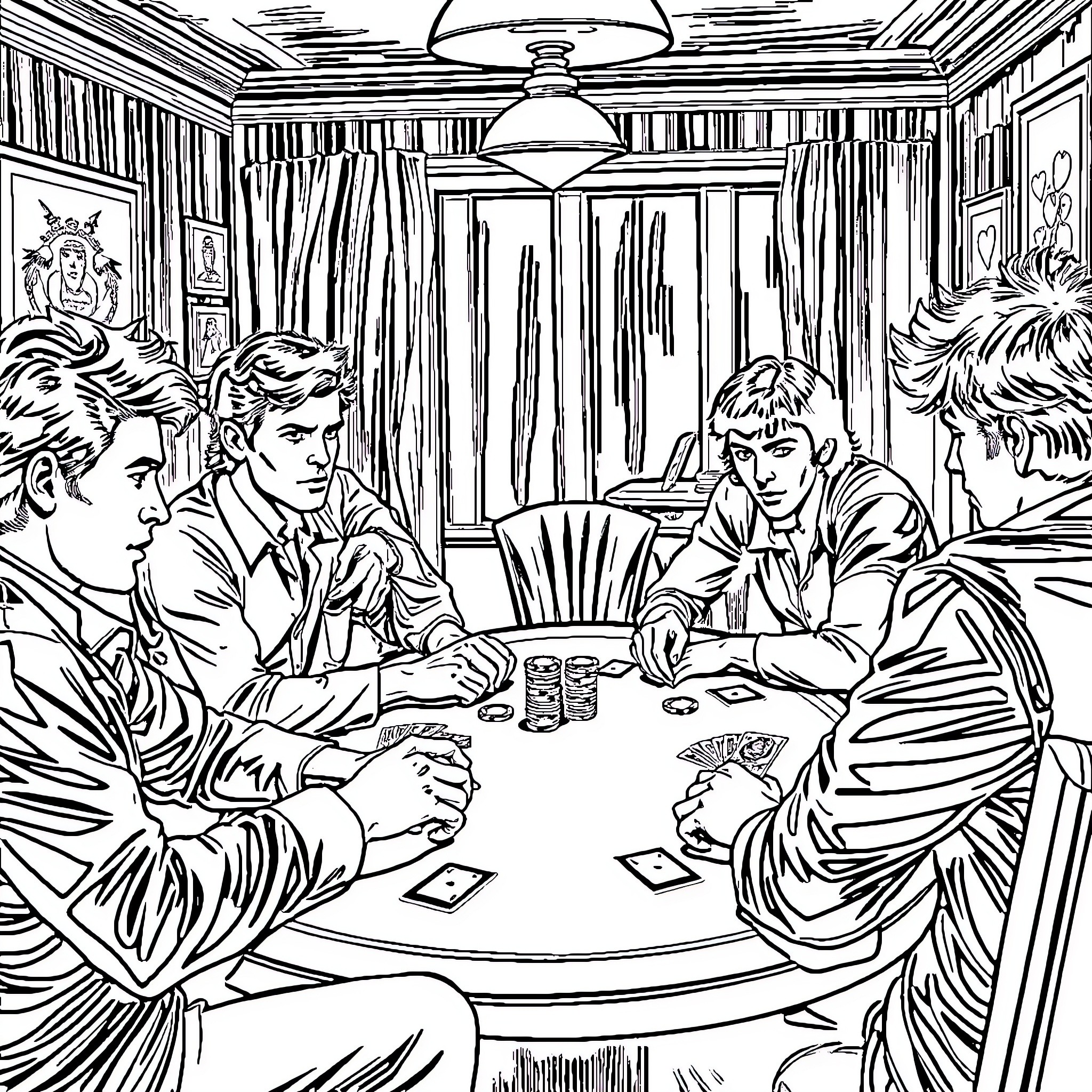 Socs Engaging in Lively Card Game Coloring Page (free black-and-white line drawing printable PDF for all, from beginners to advanced learners, including children, teens, adults, and seniors)