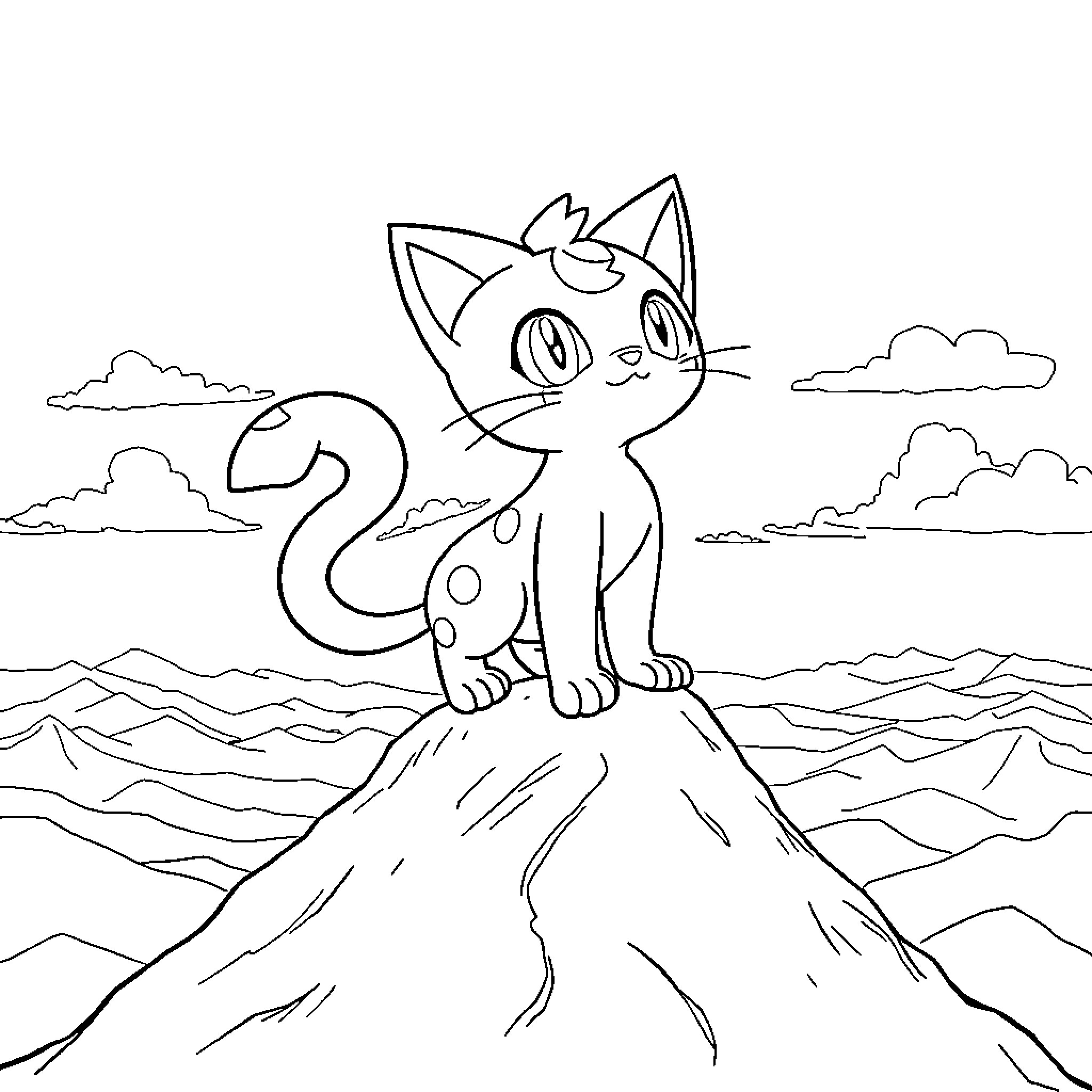 Meowth standing on a mountain peak Coloring Page (free black-and-white line drawing printable PDF for all, from beginners to advanced learners, including children, teens, adults, and seniors)