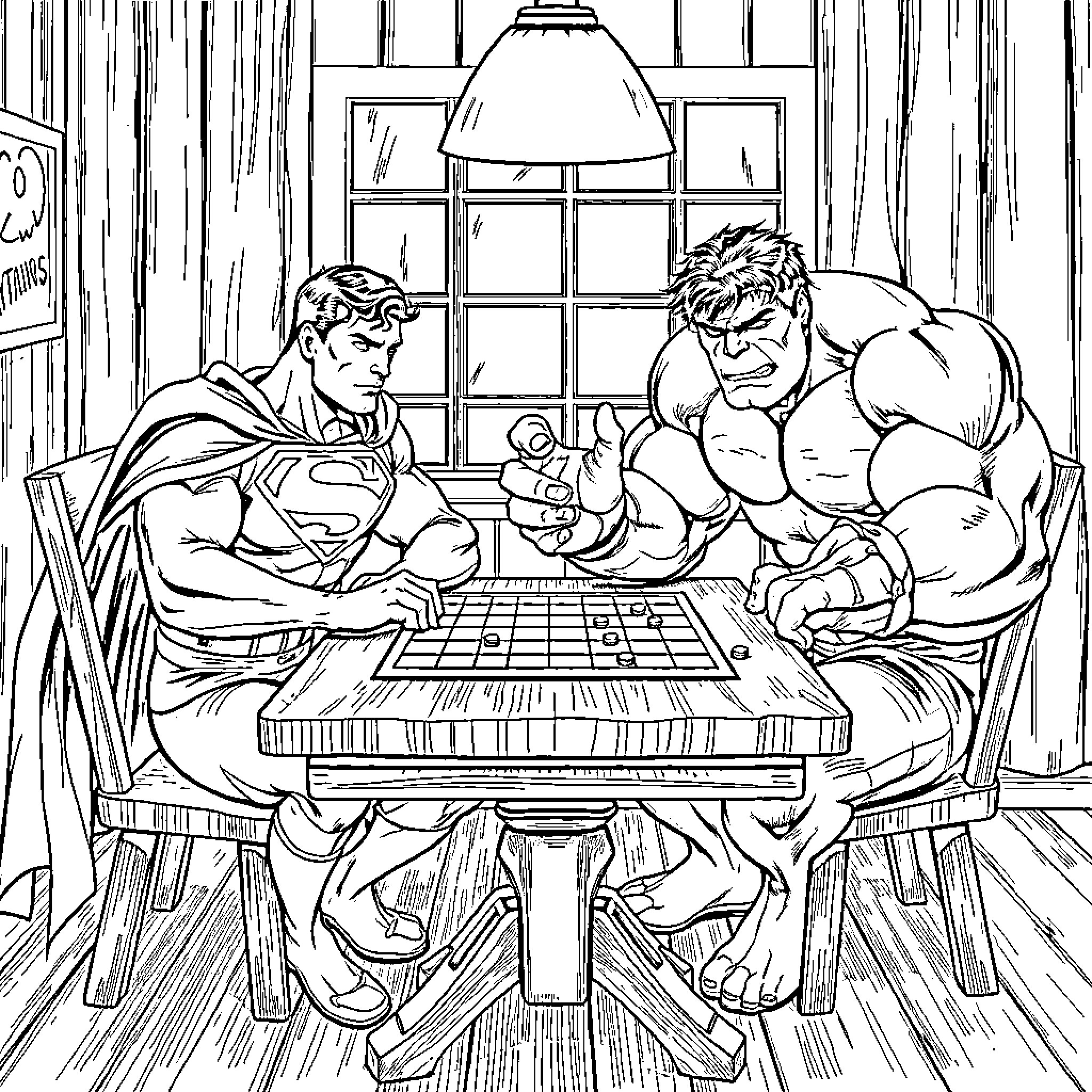 Superman and Hulk Playing Chess in a Cozy Room Coloring Page (free black-and-white line drawing printable PDF for all, from beginners to advanced learners, including children, teens, adults, and seniors)