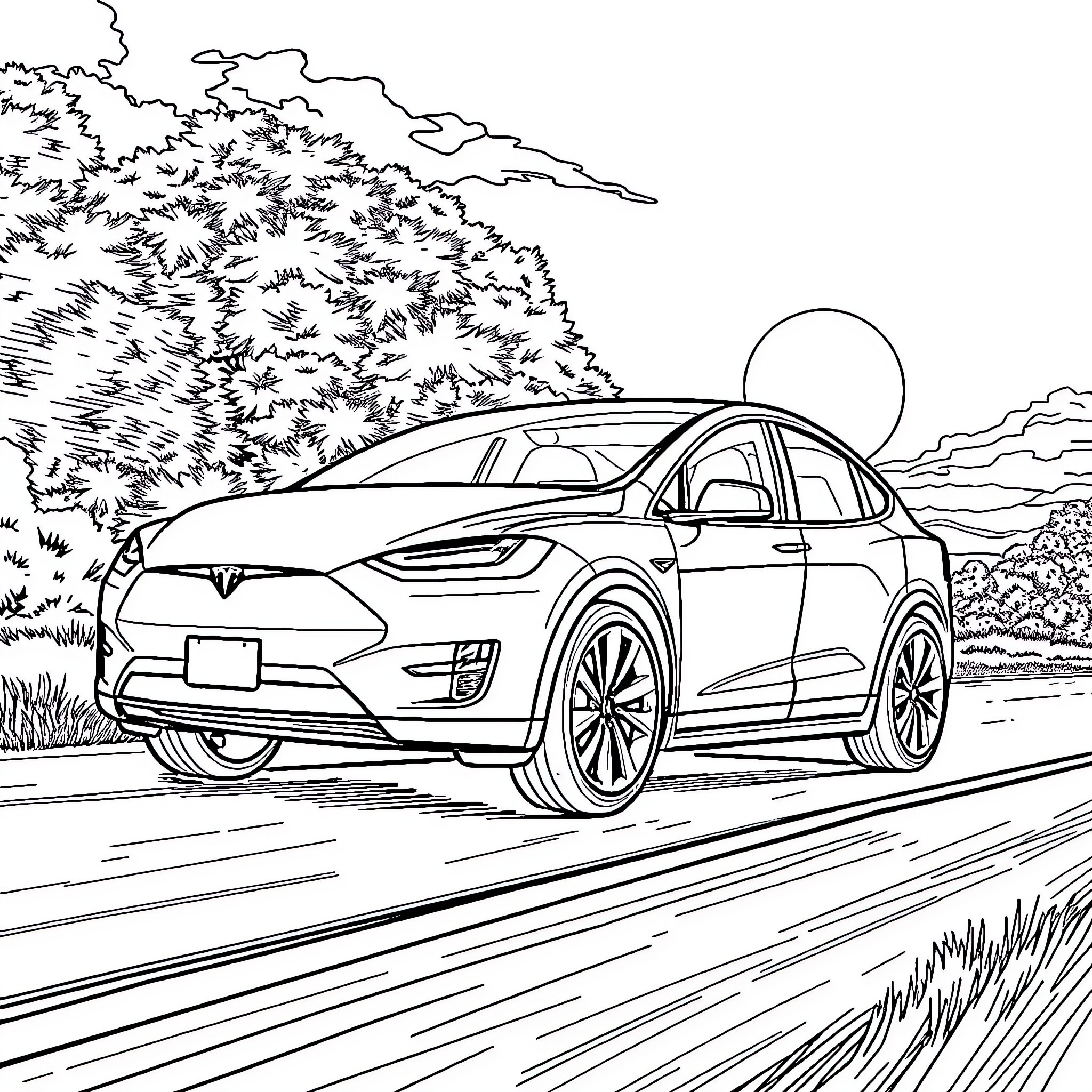Tesla electric vehicle in scenic landscape Coloring Page (free black-and-white line drawing printable PDF for all, from beginners to advanced learners, including children, teens, adults, and seniors)