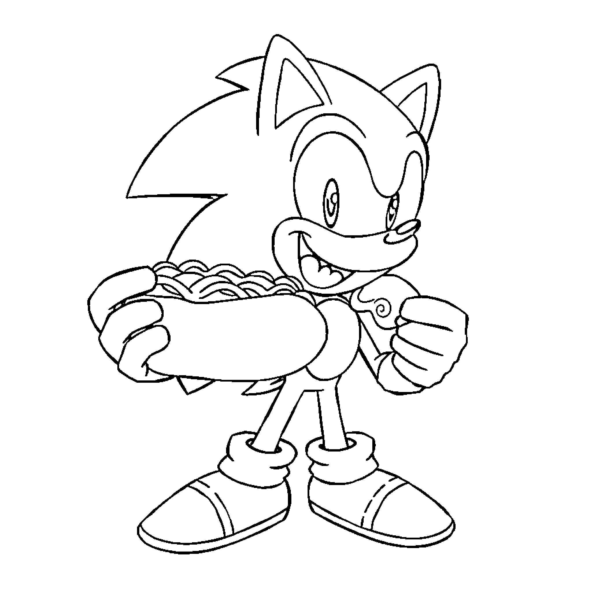 Sonic Holding Chili Dog with Excitement Coloring Page (free black-and-white line drawing printable PDF for all, from beginners to advanced learners, including children, teens, adults, and seniors)