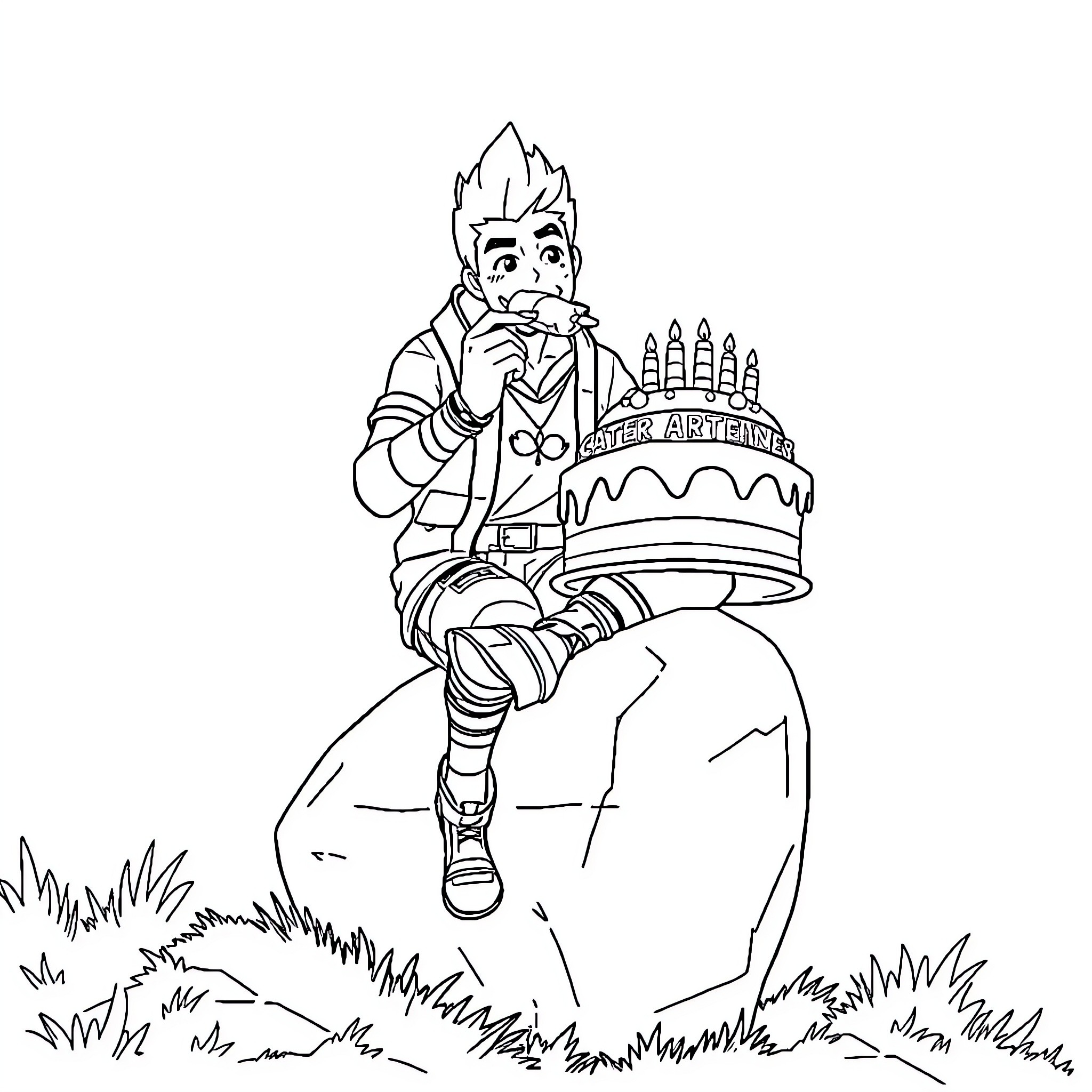 Fortnite Character Celebrating Birthday with Cake Coloring Page (free black-and-white line drawing printable PDF for all, from beginners to advanced learners, including children, teens, adults, and seniors)