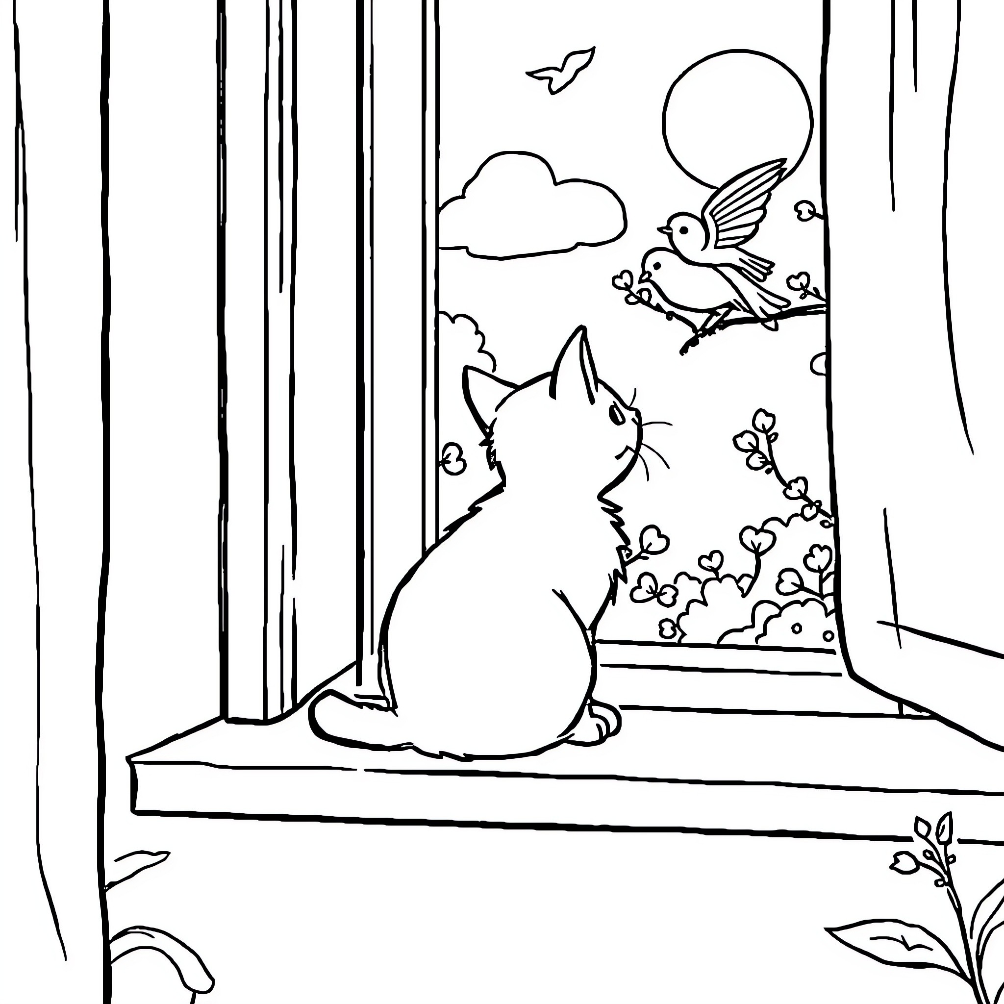 Cat observing bird in the window Coloring Page (free black-and-white line drawing printable PDF for all, from beginners to advanced learners, including children, teens, adults, and seniors)