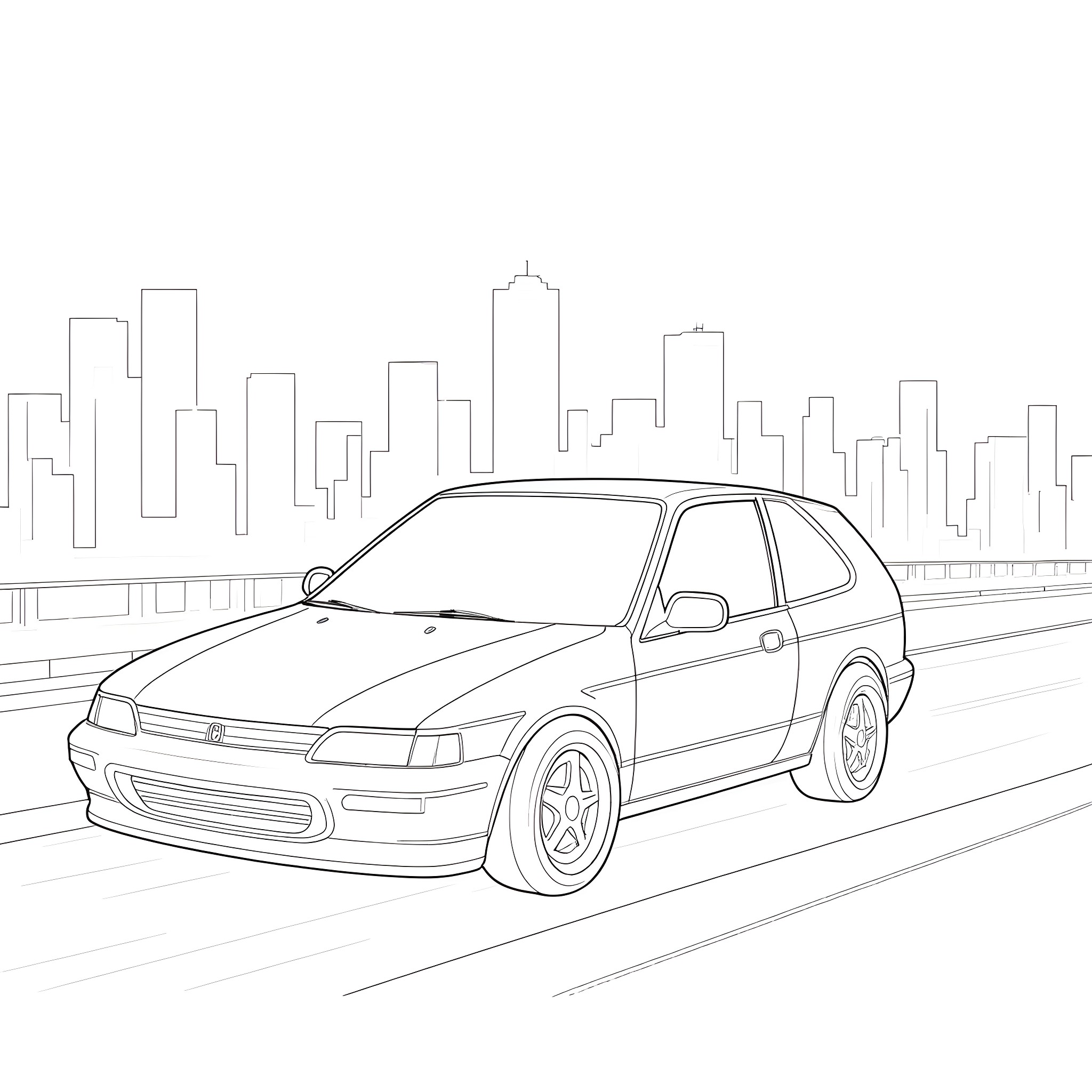 Honda Civic speeding on the city highway Coloring Page (free black-and-white line drawing printable PDF for all, from beginners to advanced learners, including children, teens, adults, and seniors)
