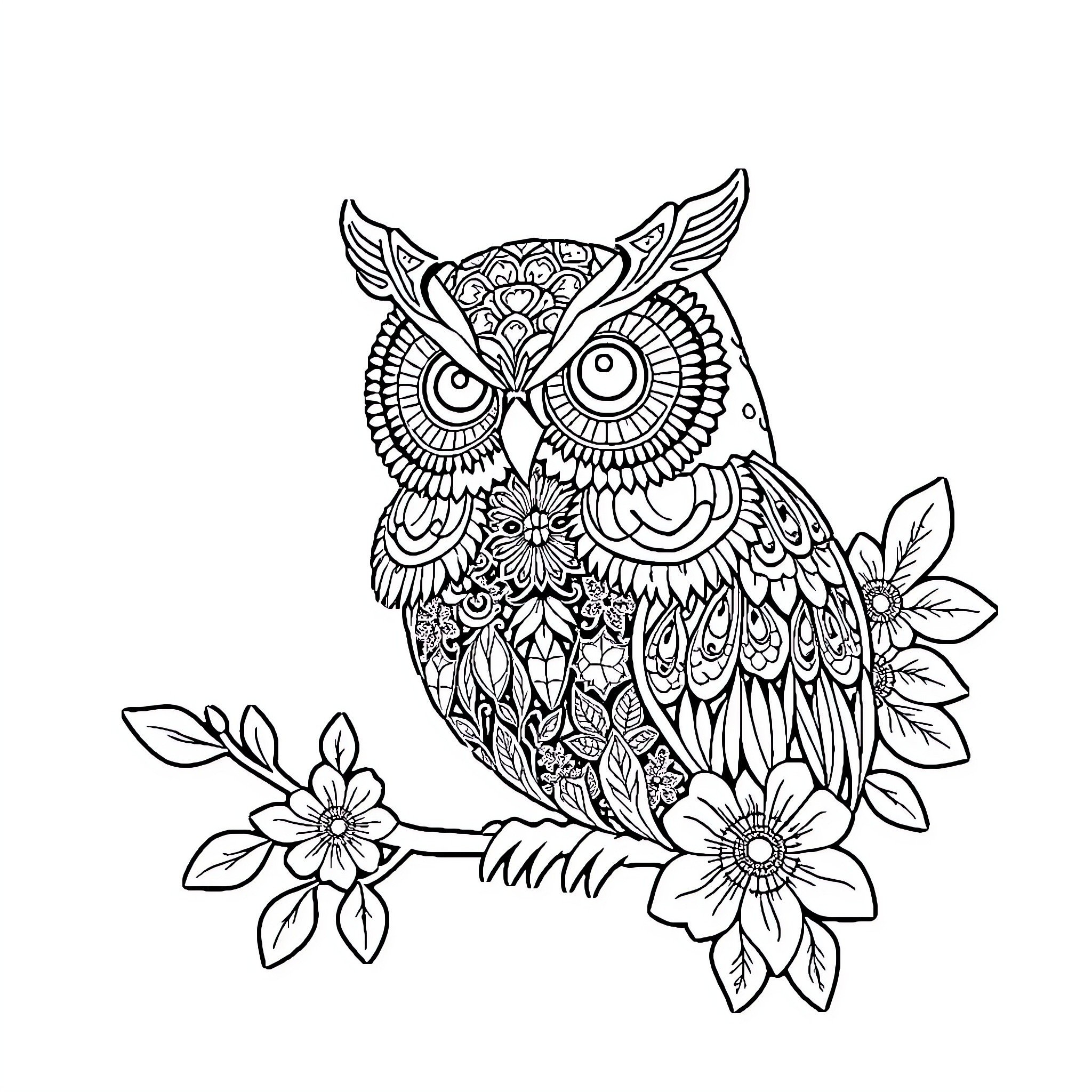 Owl perched on branch with floral design Coloring Page (free black-and-white line drawing printable PDF for all, from beginners to advanced learners, including children, teens, adults, and seniors)