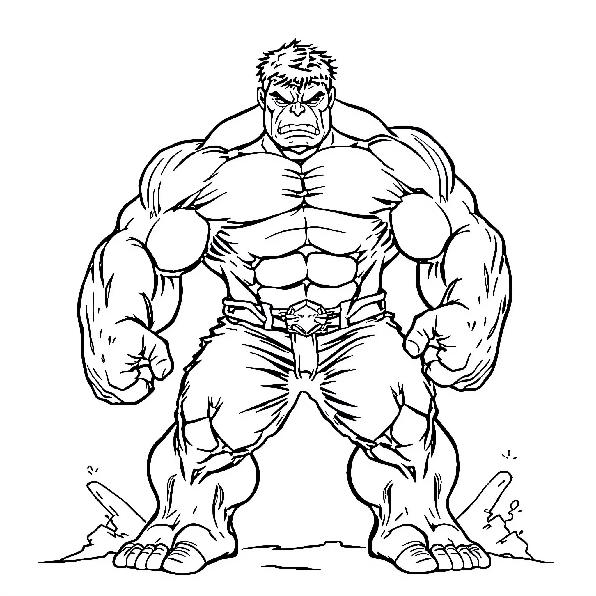 Hulk Displaying Immense Strength and Determination Coloring Page (free black-and-white line drawing printable PDF for all, from beginners to advanced learners, including children, teens, adults, and seniors)