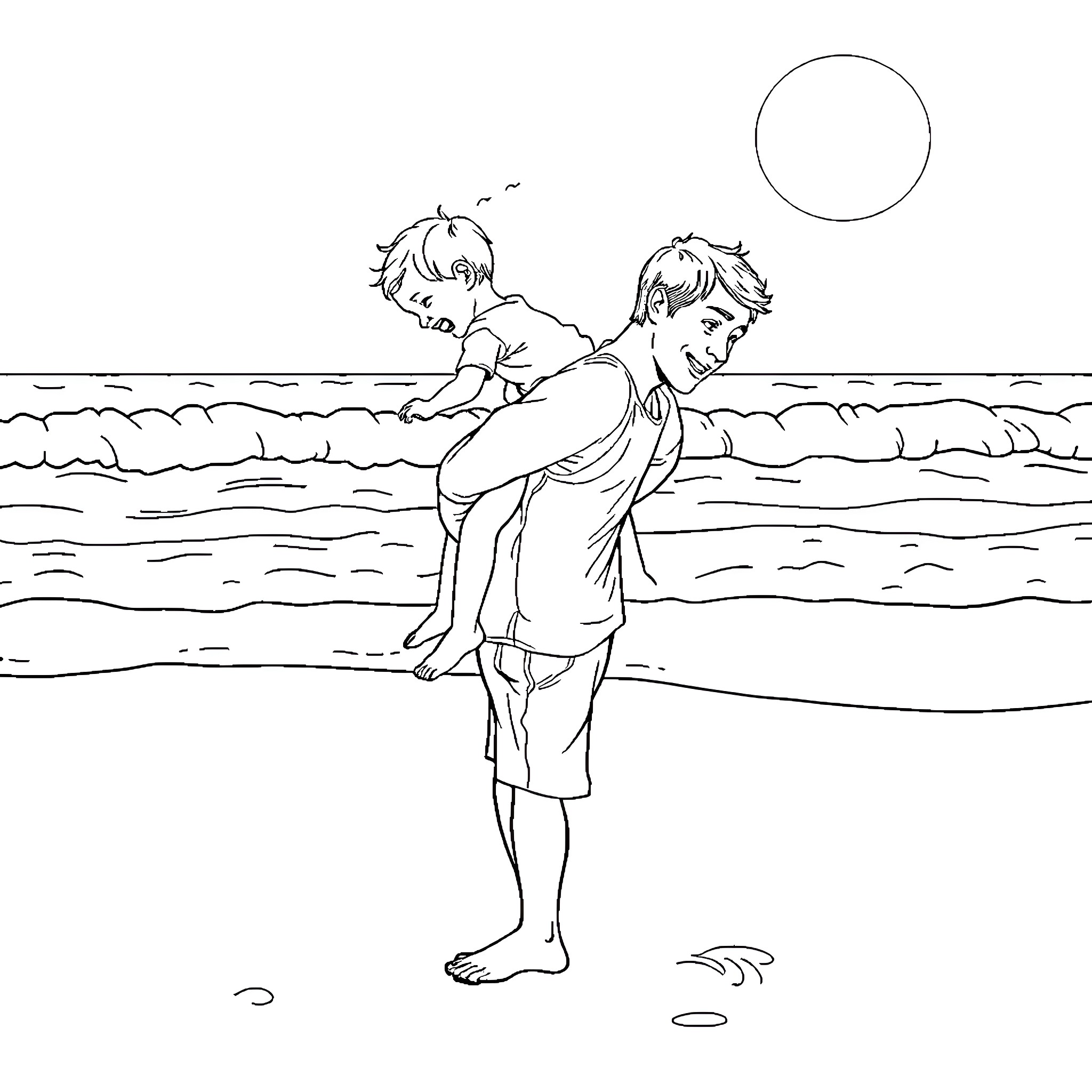 Father and Son Enjoying Beach Day Coloring Page (free black-and-white line drawing printable PDF for all, from beginners to advanced learners, including children, teens, adults, and seniors)