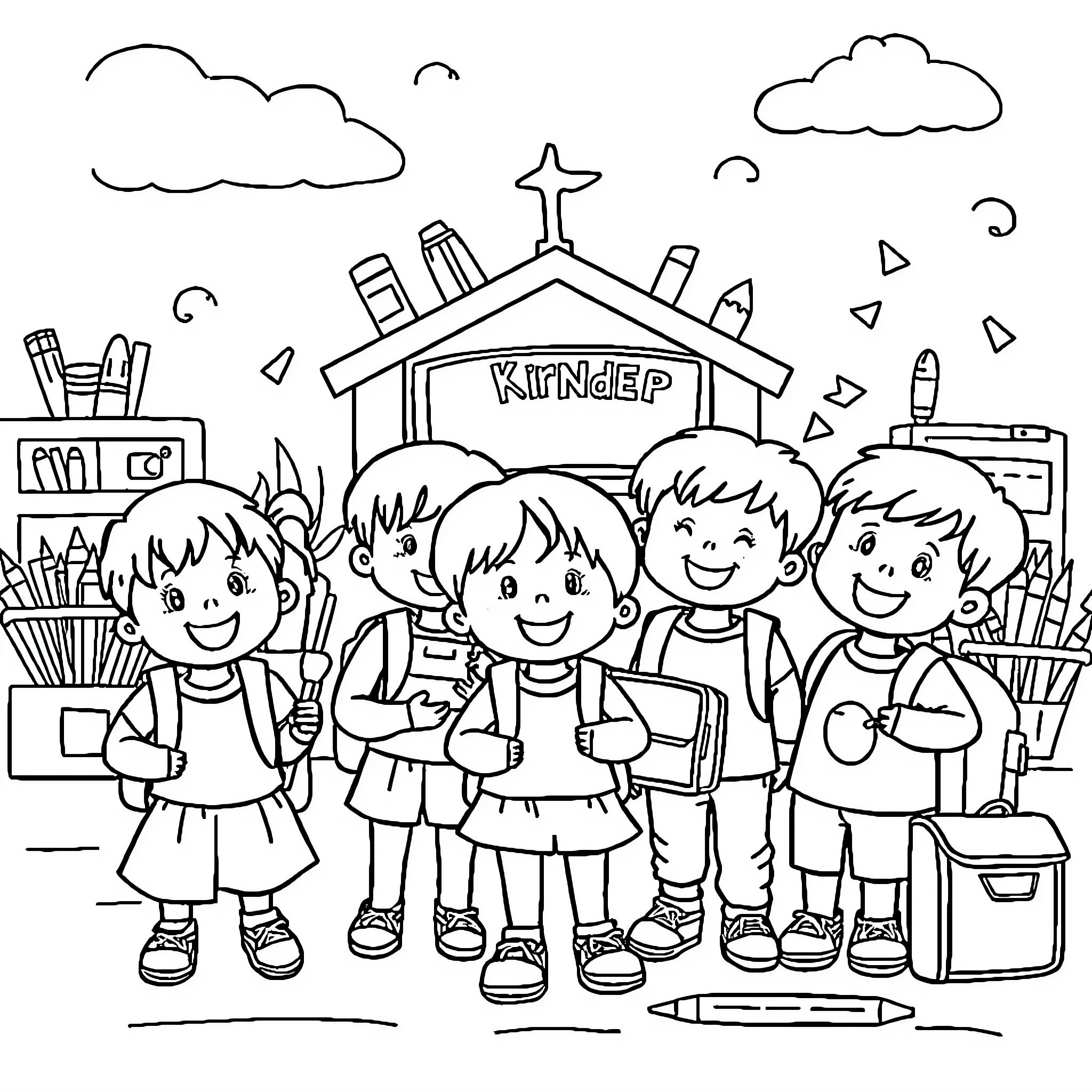 School children enjoying outdoor activities Coloring Page (free black-and-white line drawing printable PDF for all, from beginners to advanced learners, including children, teens, adults, and seniors)