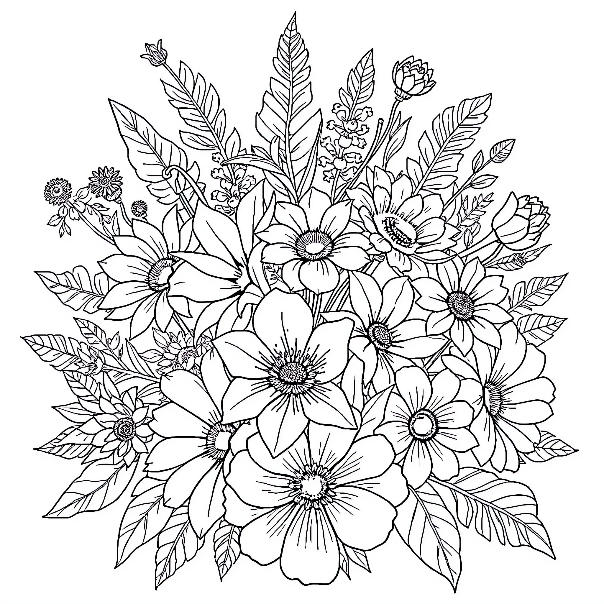 Flower Bouquet with Lush Foliage and Blossoms Coloring Page (free black-and-white line drawing printable PDF for all, from beginners to advanced learners, including children, teens, adults, and seniors)