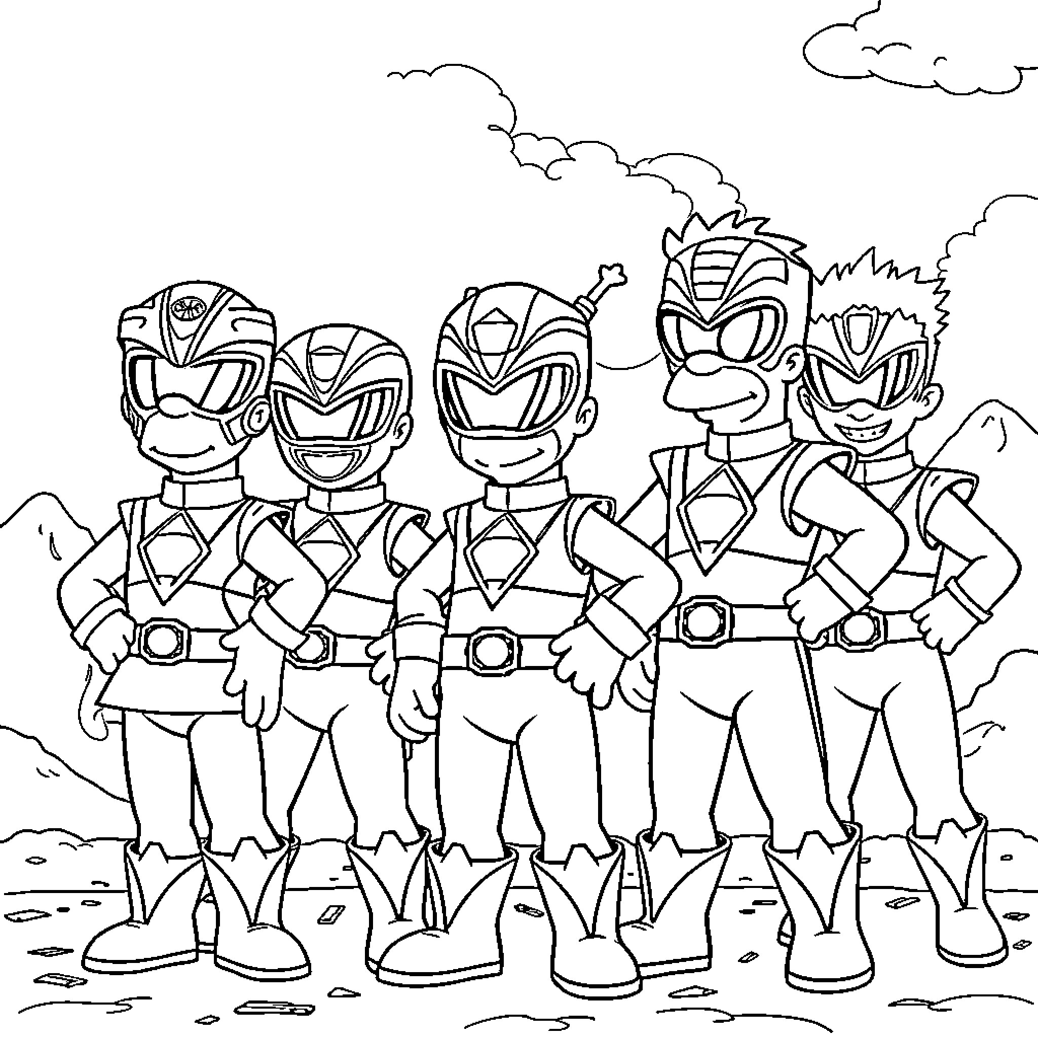 Simpsons characters in superhero power ranger outfits Coloring Page (free black-and-white line drawing printable PDF for all, from beginners to advanced learners, including children, teens, adults, and seniors)