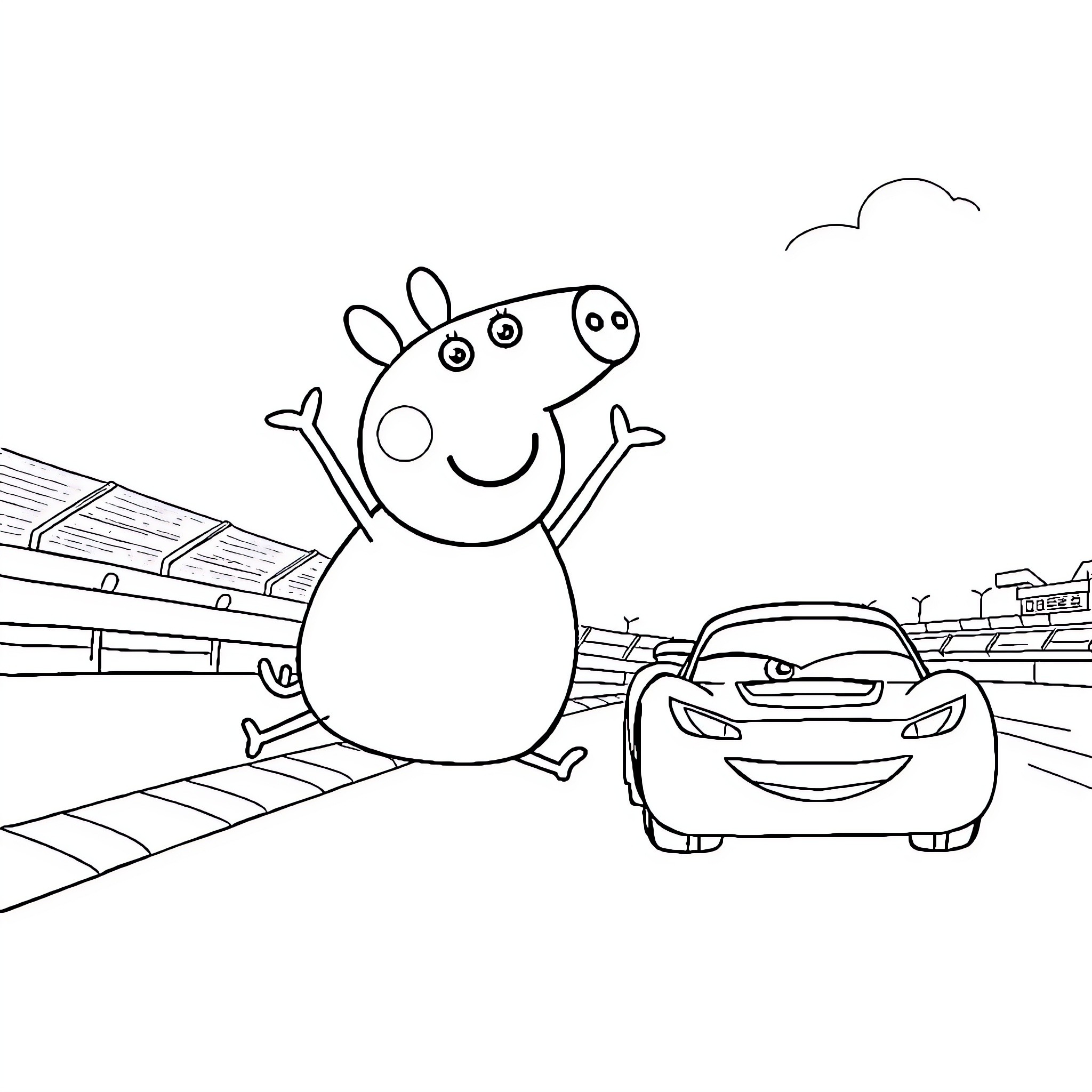 Peppa Pig enjoys a car race with friends Coloring Page (free black-and-white line drawing printable PDF for all, from beginners to advanced learners, including children, teens, adults, and seniors)
