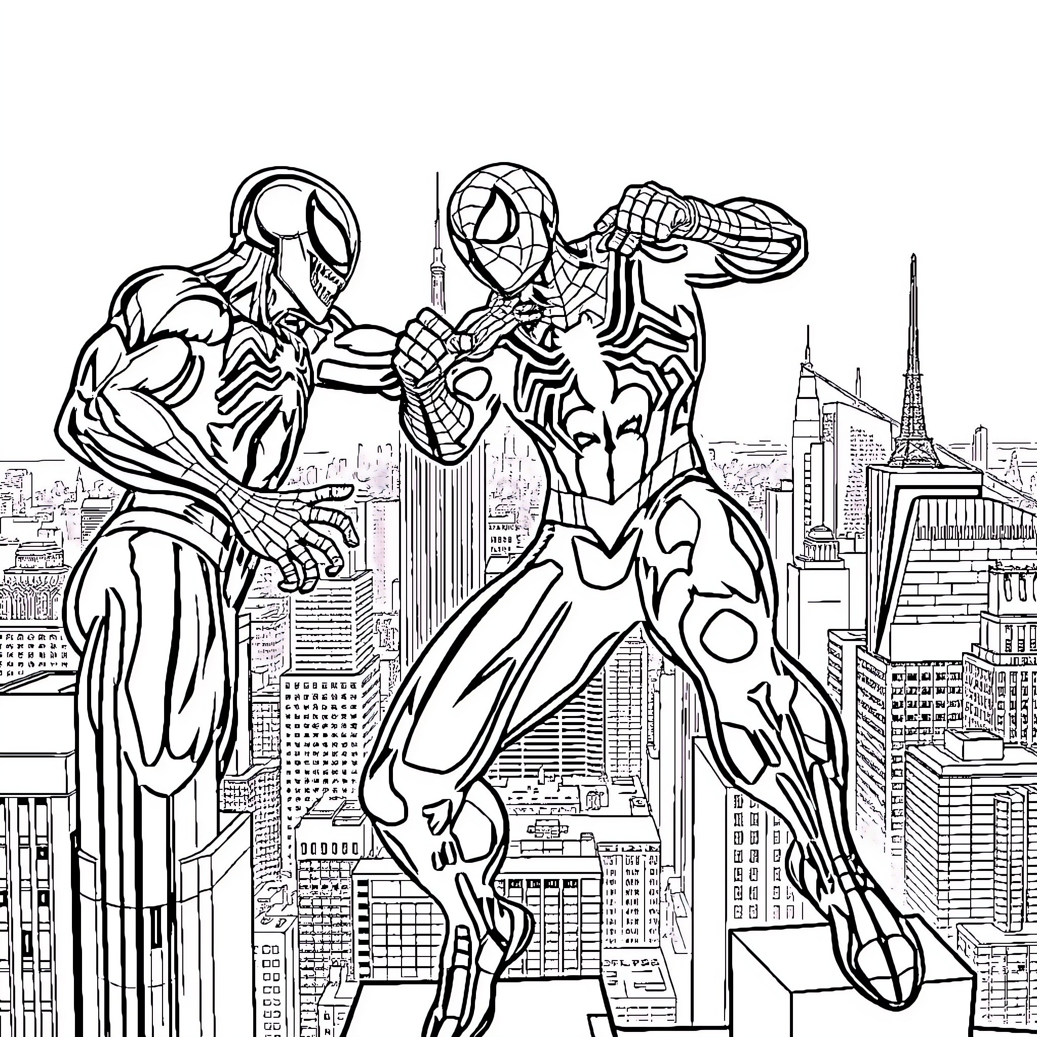 Spiderman and Ironman battle above the city skyline Coloring Page (free black-and-white line drawing printable PDF for all, from beginners to advanced learners, including children, teens, adults, and seniors)