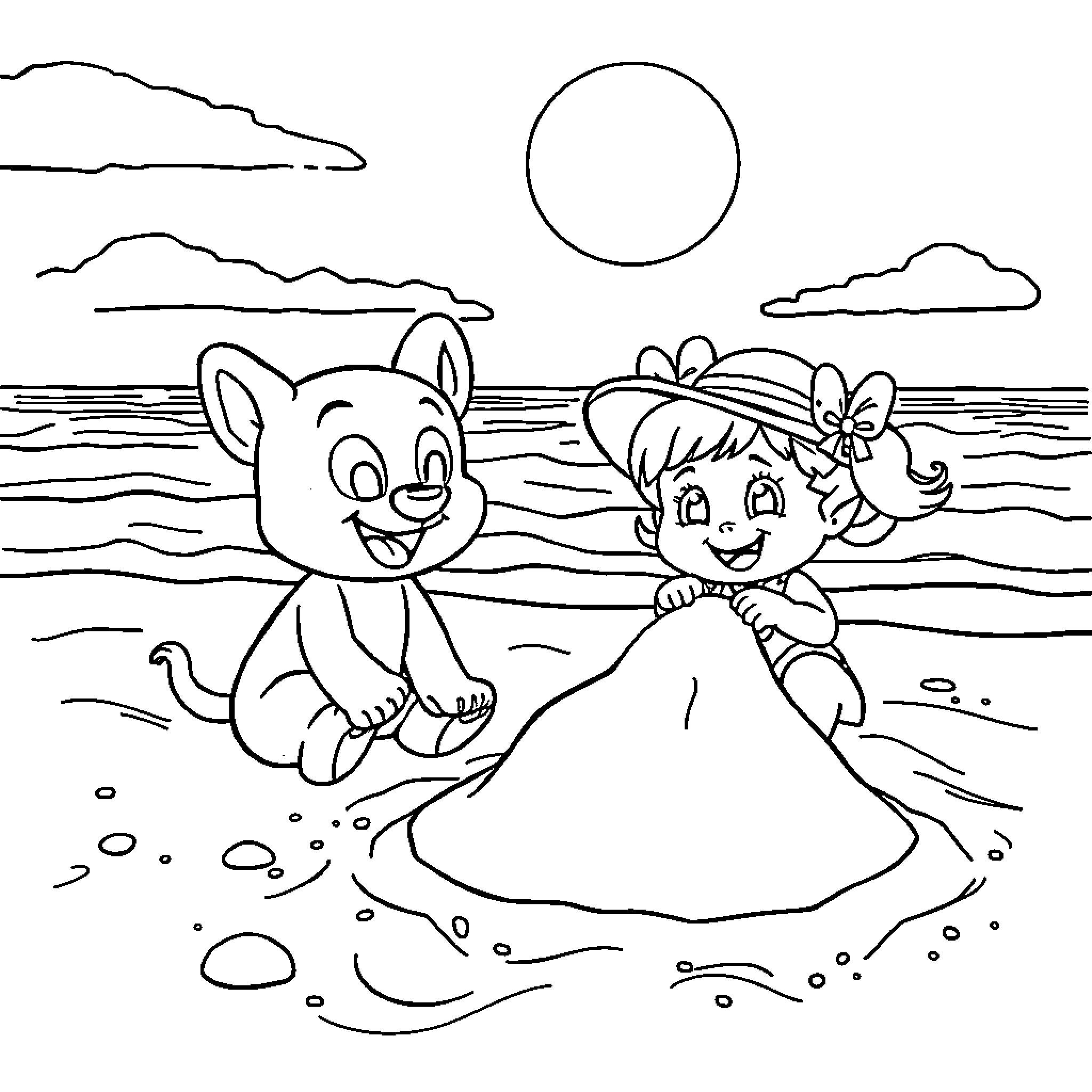 Bluey and friends playing by the ocean Coloring Page (free black-and-white line drawing printable PDF for all, from beginners to advanced learners, including children, teens, adults, and seniors)