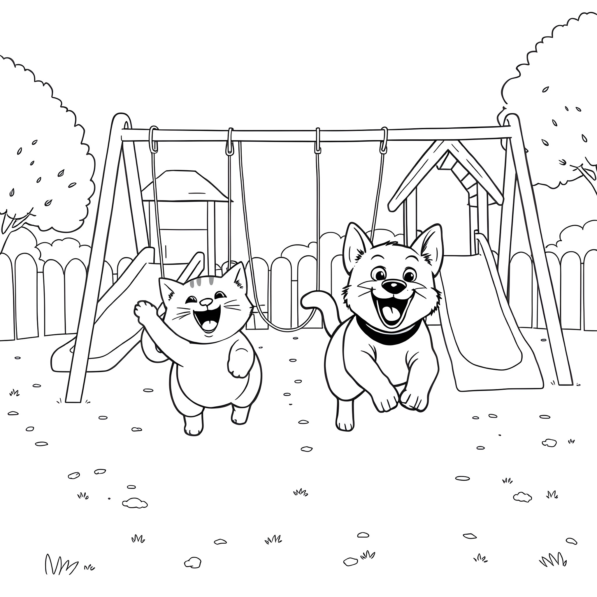 Cats playing happily on a playground Coloring Page (free black-and-white line drawing printable PDF for all, from beginners to advanced learners, including children, teens, adults, and seniors)