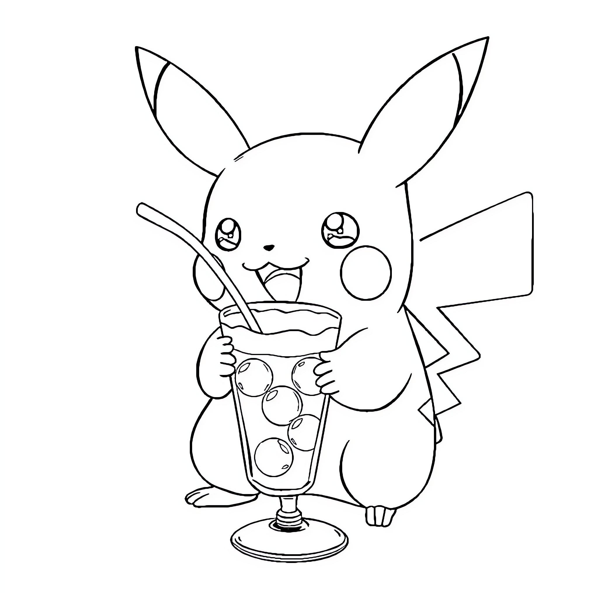 Pikachu enjoying a refreshing drink Coloring Page (free black-and-white line drawing printable PDF for all, from beginners to advanced learners, including children, teens, adults, and seniors)