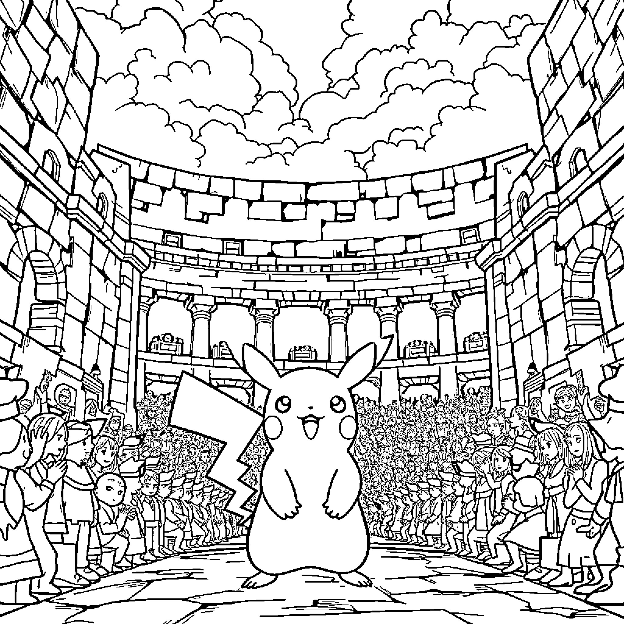 Pikachu in the Crowded Colosseum Coloring Page (free black-and-white line drawing printable PDF for all, from beginners to advanced learners, including children, teens, adults, and seniors)