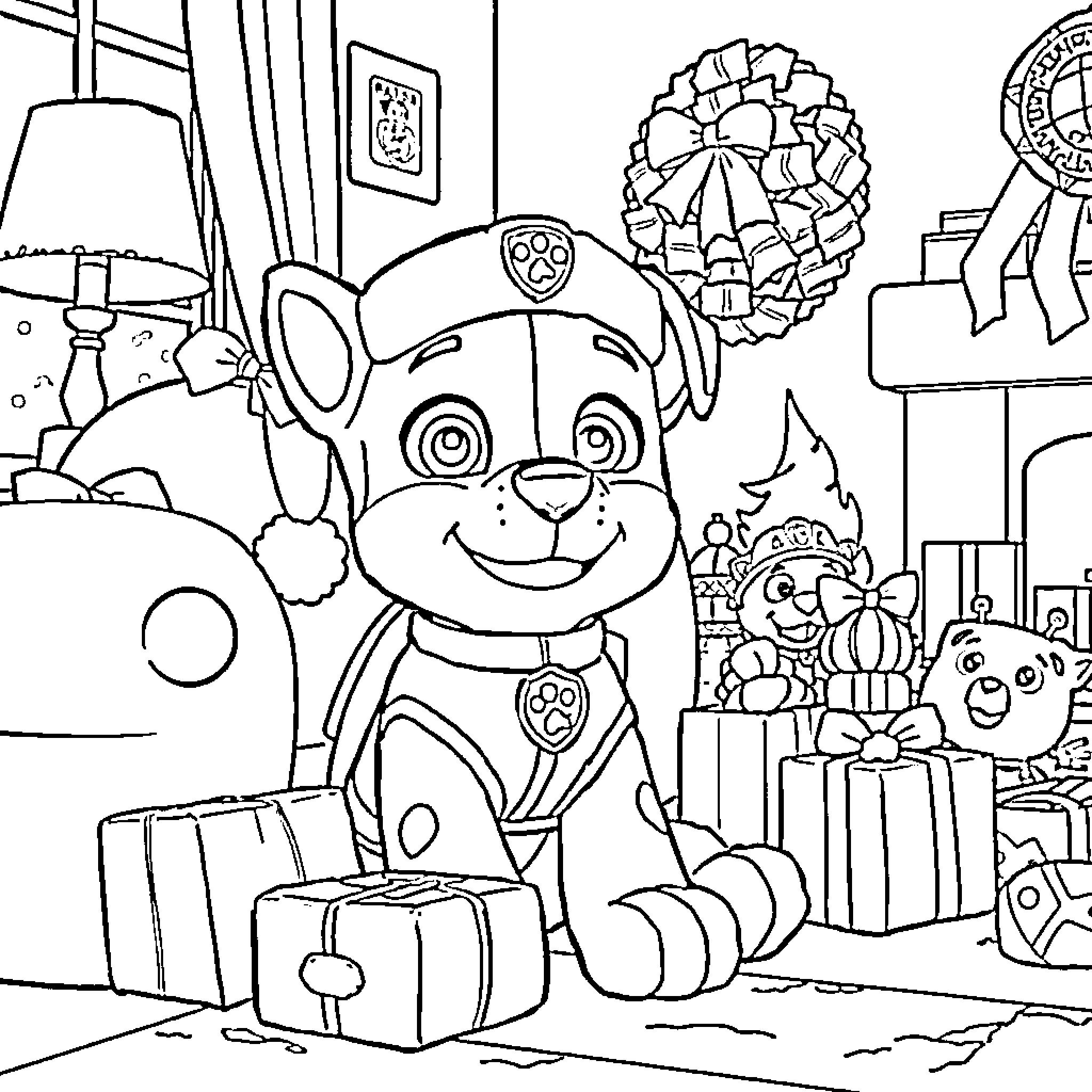 Marcus the Paw Patrol Pup Explores Holiday Decorations Coloring Page (free black-and-white line drawing printable PDF for all, from beginners to advanced learners, including children, teens, adults, and seniors)