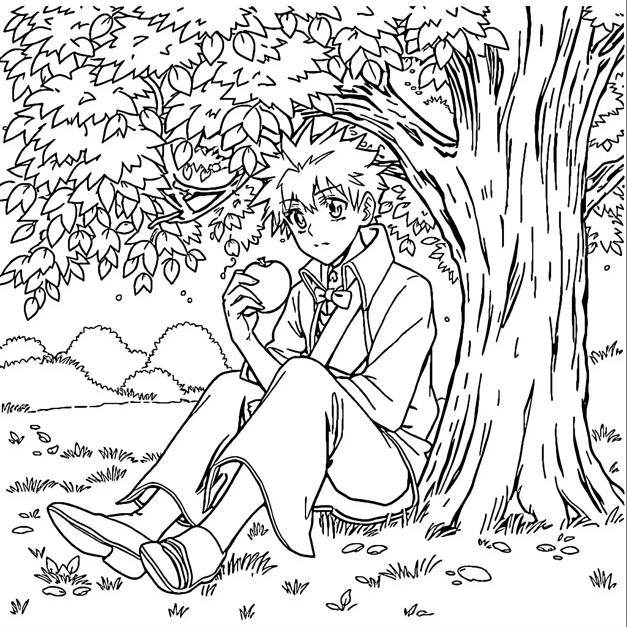 Jujutsu Kaisen: Student in a Tranquil Outdoor Setting Coloring Page (free black-and-white line drawing printable PDF for all, from beginners to advanced learners, including children, teens, adults, and seniors)