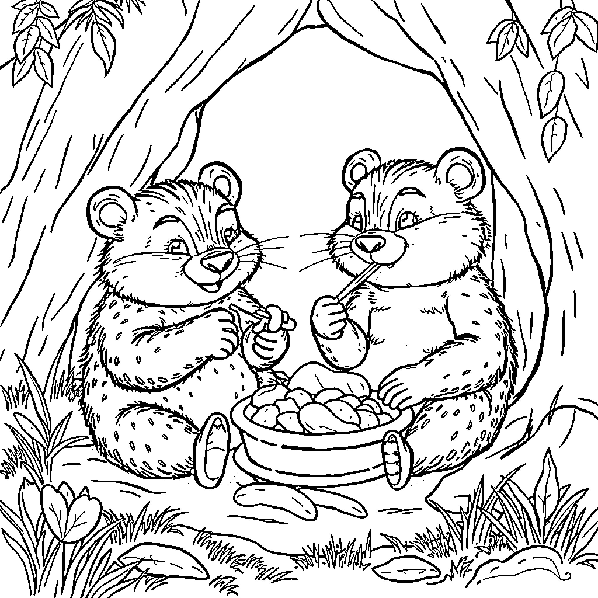 Bear siblings enjoying a snack in the forest Coloring Page (free black-and-white line drawing printable PDF for all, from beginners to advanced learners, including children, teens, adults, and seniors)