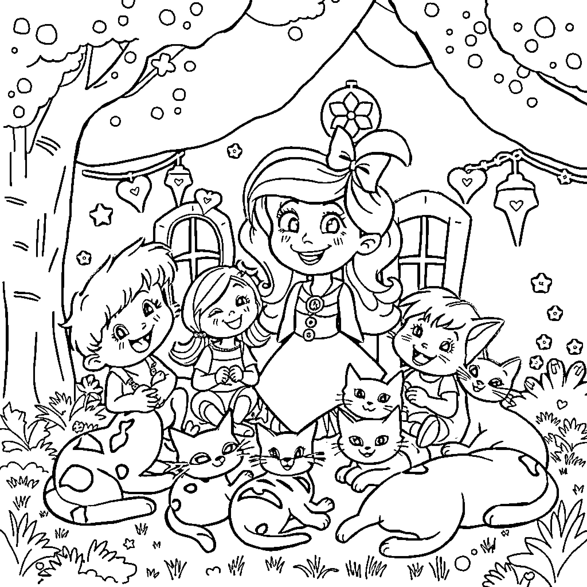 Gabby and Friends in a Whimsical Forest Scene Coloring Page (free black-and-white line drawing printable PDF for all, from beginners to advanced learners, including children, teens, adults, and seniors)