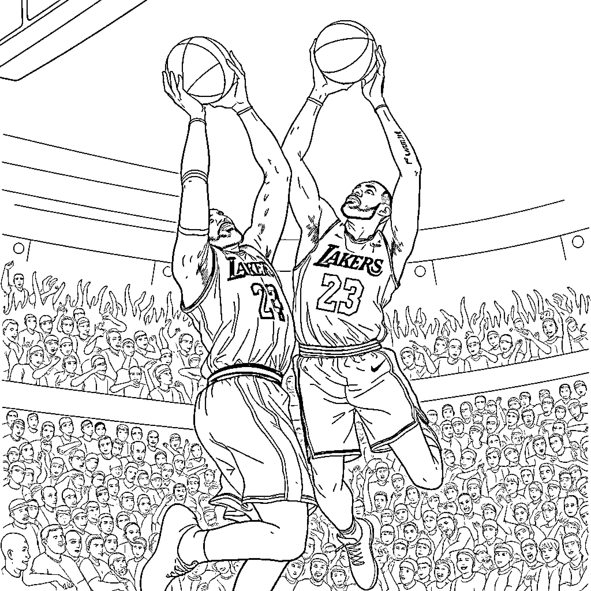 LeBron James and another player competing for the basketball in a crowded stadium Coloring Page (free black-and-white line drawing printable PDF for all, from beginners to advanced learners, including children, teens, adults, and seniors)