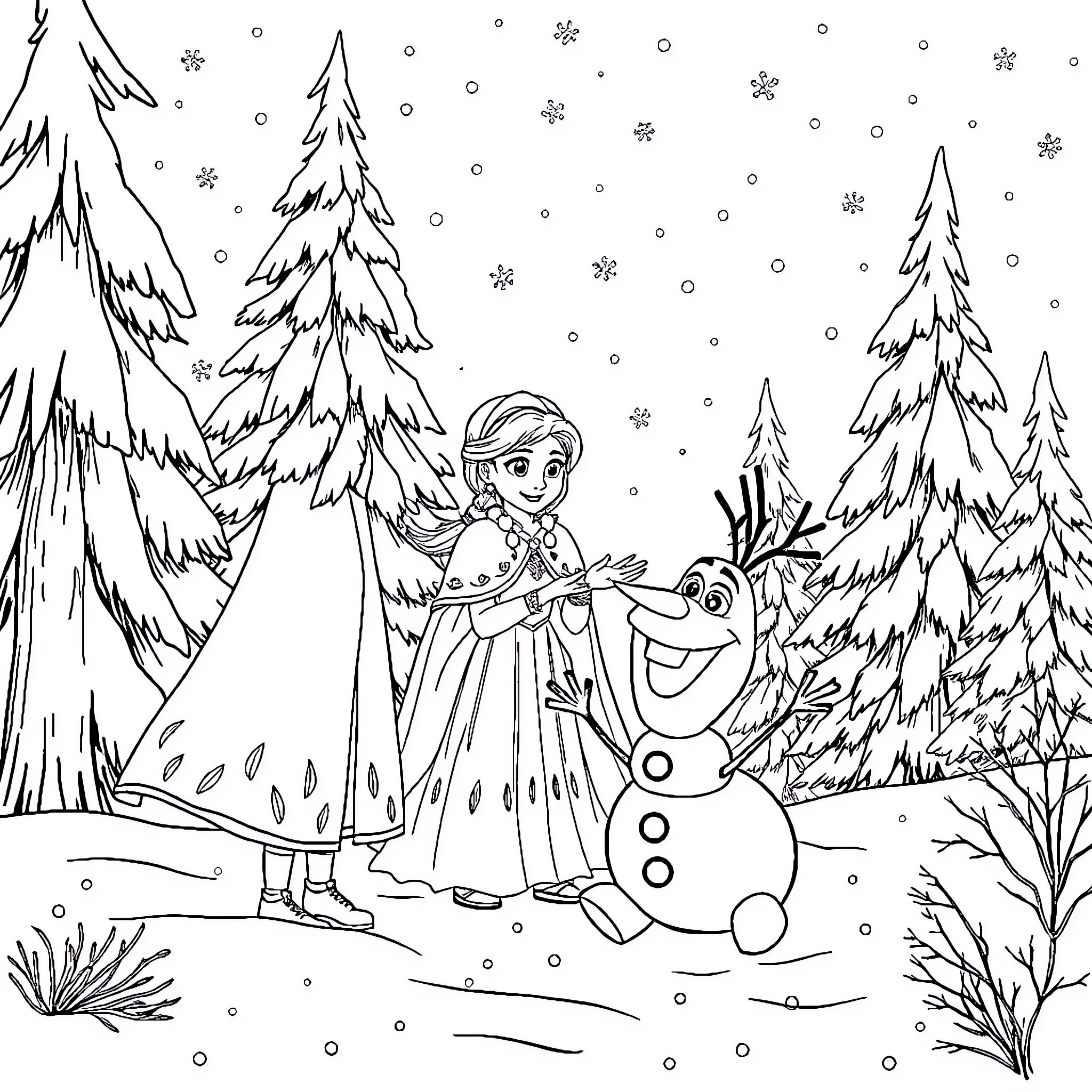 Anna and Olaf Exploring the Snowy Forest Coloring Page (free black-and-white line drawing printable PDF for all, from beginners to advanced learners, including children, teens, adults, and seniors)