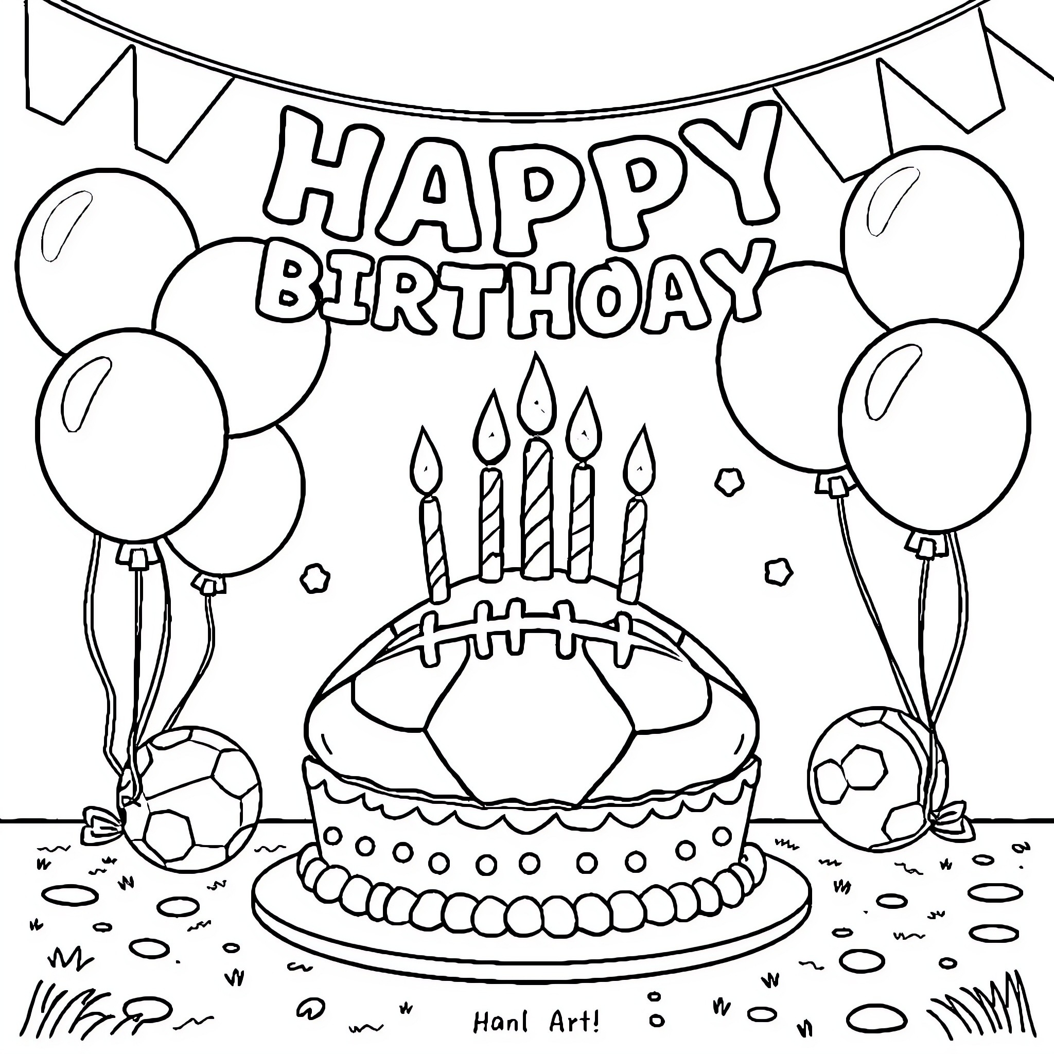 Football-themed Happy Birthday party scene Coloring Page (free black-and-white line drawing printable PDF for all, from beginners to advanced learners, including children, teens, adults, and seniors)