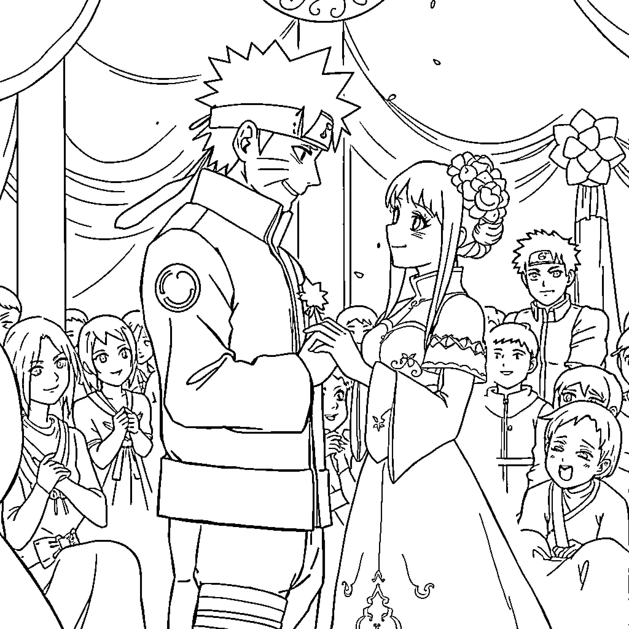 Naruto and friends in a festive celebration Coloring Page (free black-and-white line drawing printable PDF for all, from beginners to advanced learners, including children, teens, adults, and seniors)