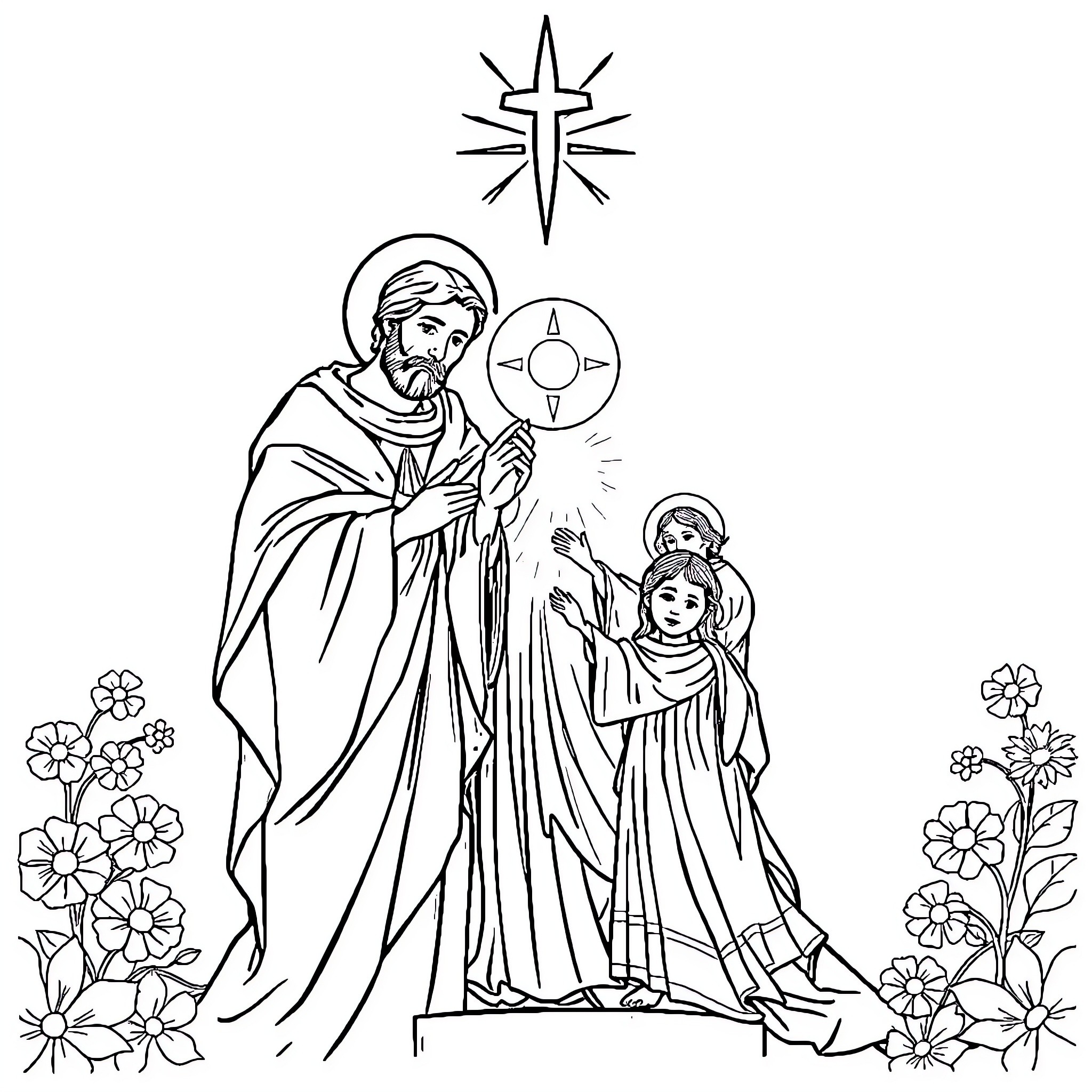Santisima Trinidad: Priestly figures and worshippers in devotional scene Coloring Page (free black-and-white line drawing printable PDF for all, from beginners to advanced learners, including children, teens, adults, and seniors)