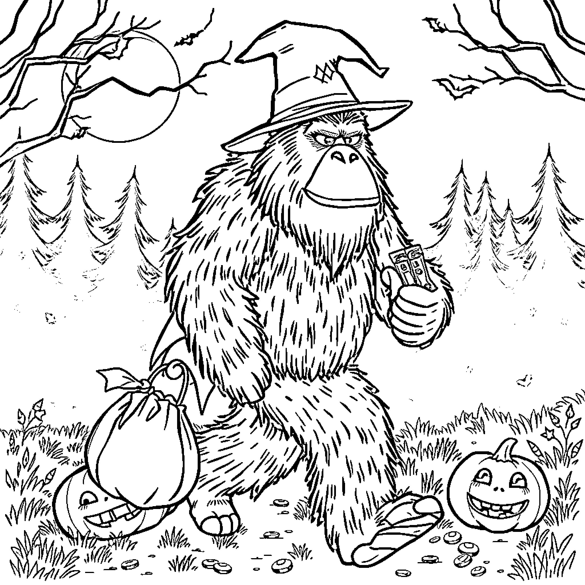 Bigfoot exploring a spooky autumn landscape Coloring Page (free black-and-white line drawing printable PDF for all, from beginners to advanced learners, including children, teens, adults, and seniors)