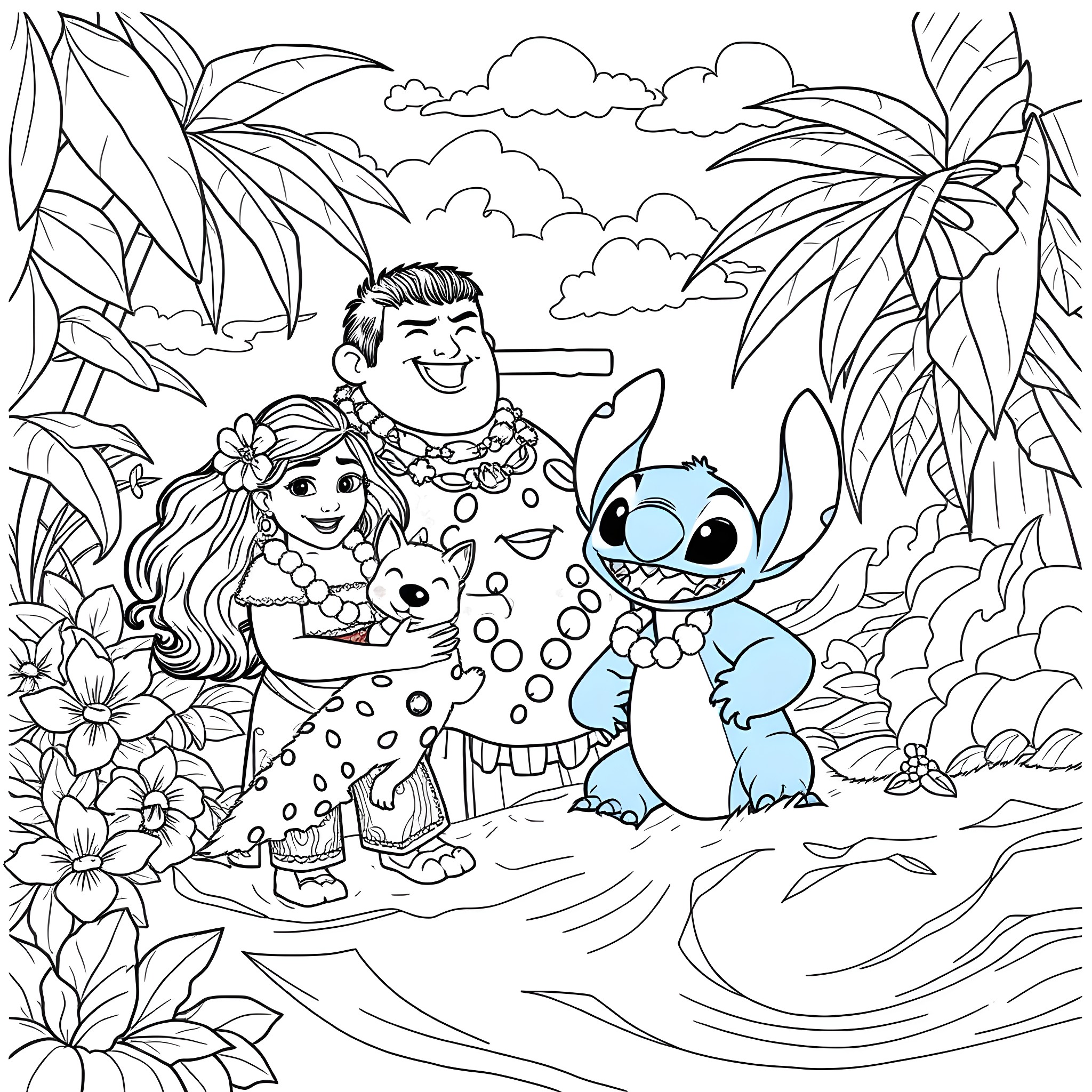 Lilo and Stitch playing in the tropical paradise Coloring Page (free black-and-white line drawing printable PDF for all, from beginners to advanced learners, including children, teens, adults, and seniors)