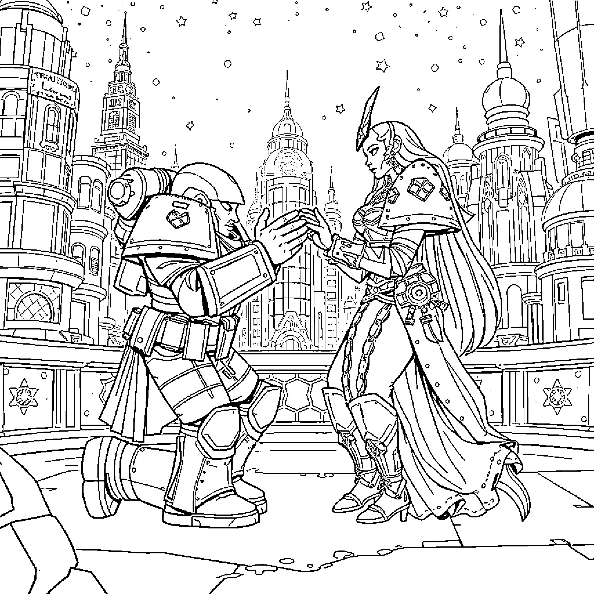 Warhammer-inspired heroes in futuristic urban setting Coloring Page (free black-and-white line drawing printable PDF for all, from beginners to advanced learners, including children, teens, adults, and seniors)