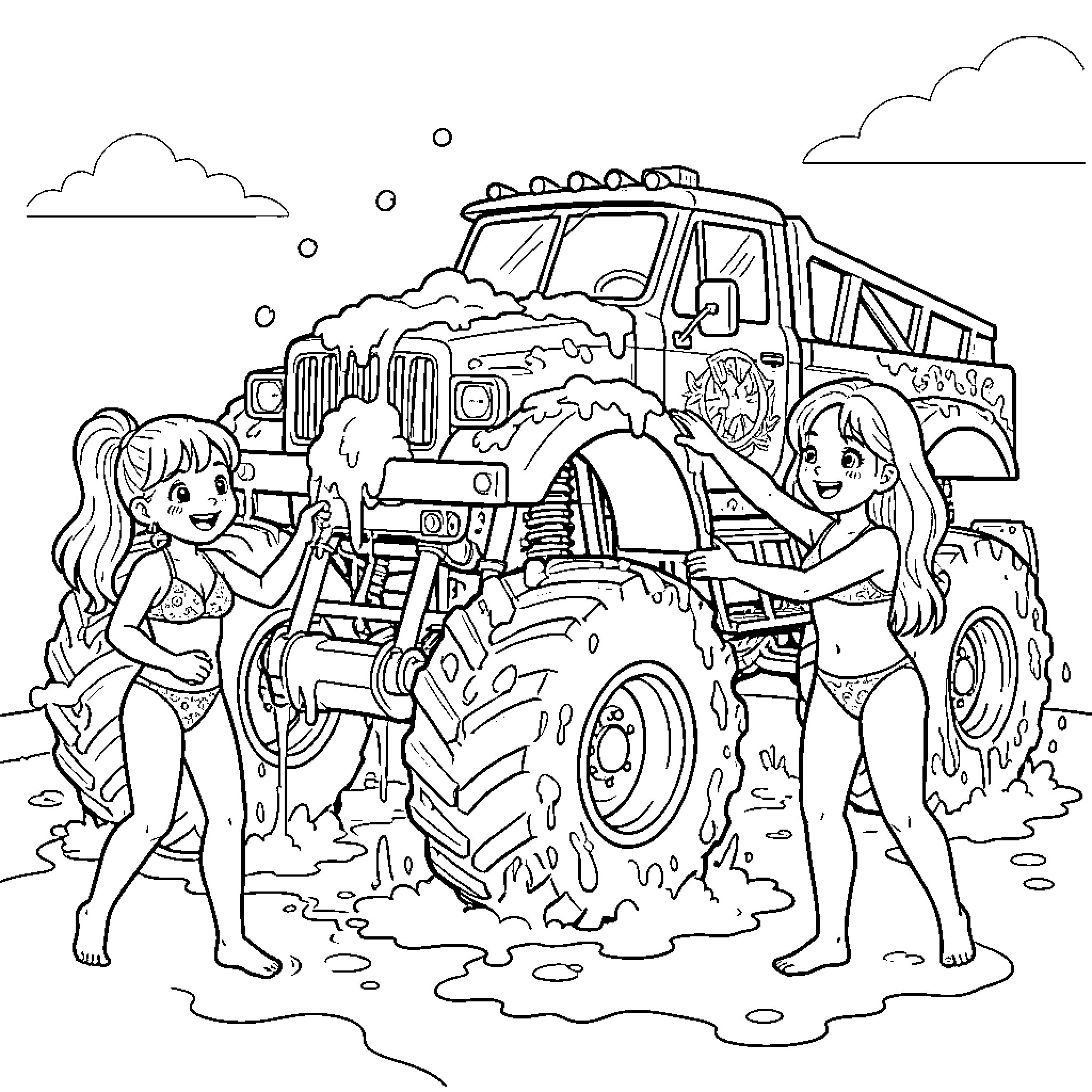 Girls playing near a muddy off-road vehicle Coloring Page (free black-and-white line drawing printable PDF for all, from beginners to advanced learners, including children, teens, adults, and seniors)