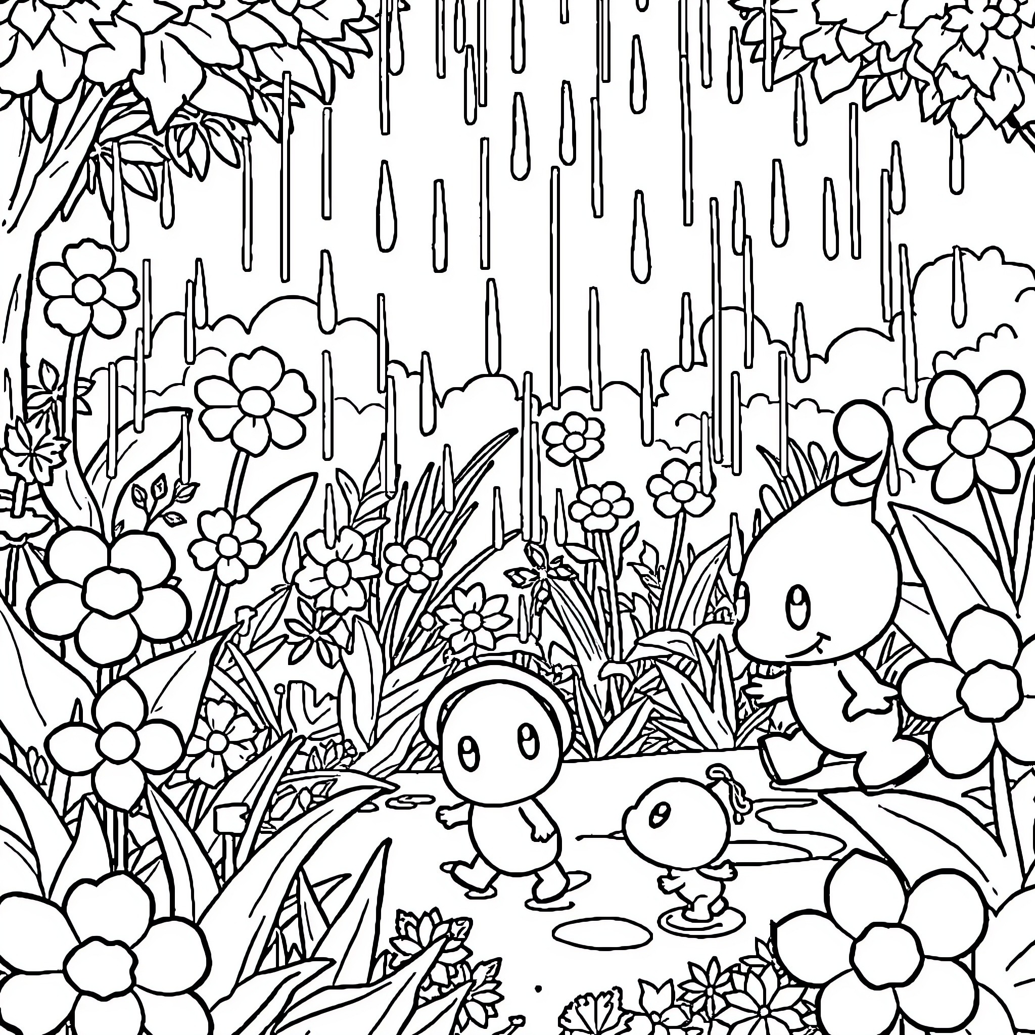 Pikmin exploring a lush and colorful floral landscape Coloring Page (free black-and-white line drawing printable PDF for all, from beginners to advanced learners, including children, teens, adults, and seniors)