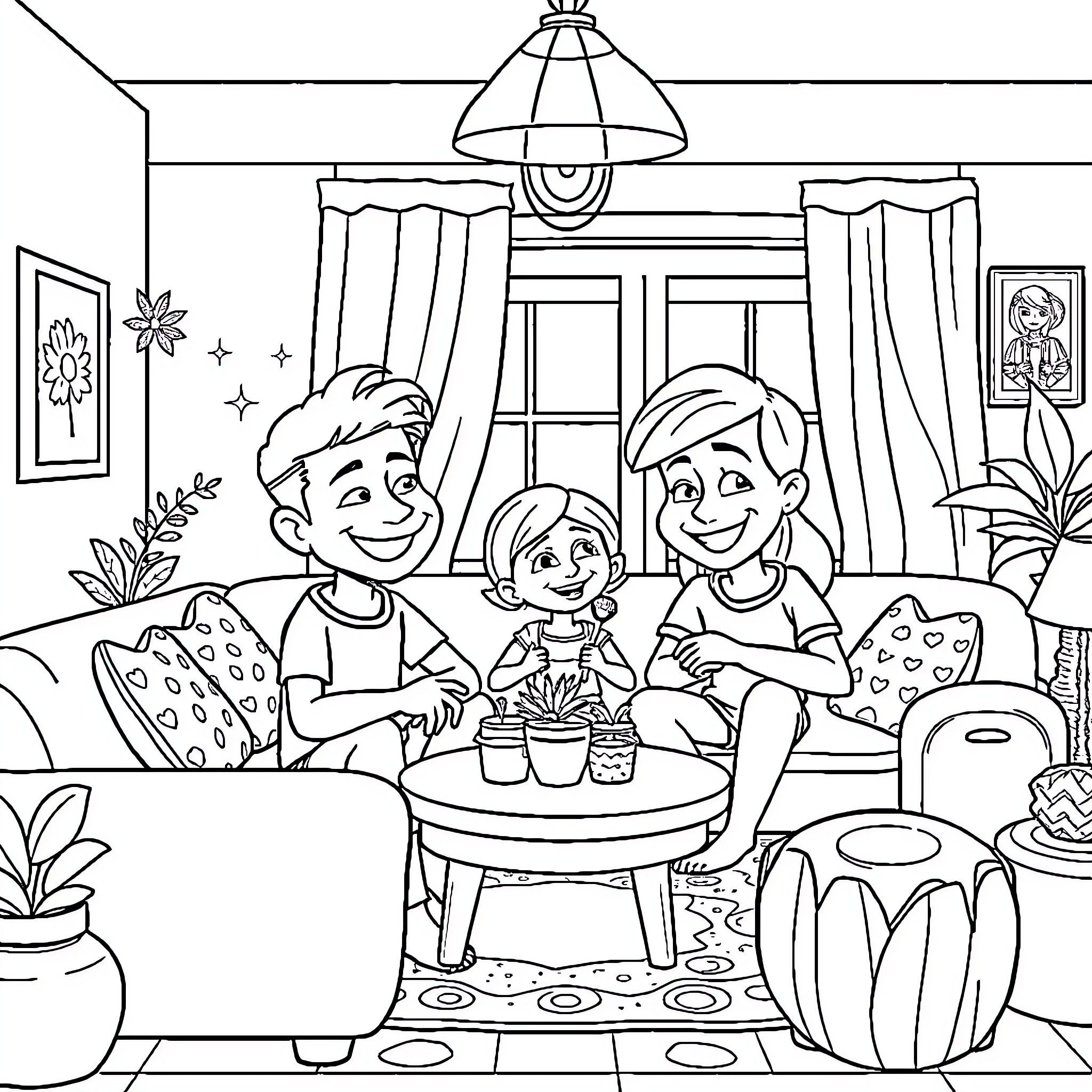 Bluey's family having fun together at home Coloring Page (free black-and-white line drawing printable PDF for all, from beginners to advanced learners, including children, teens, adults, and seniors)