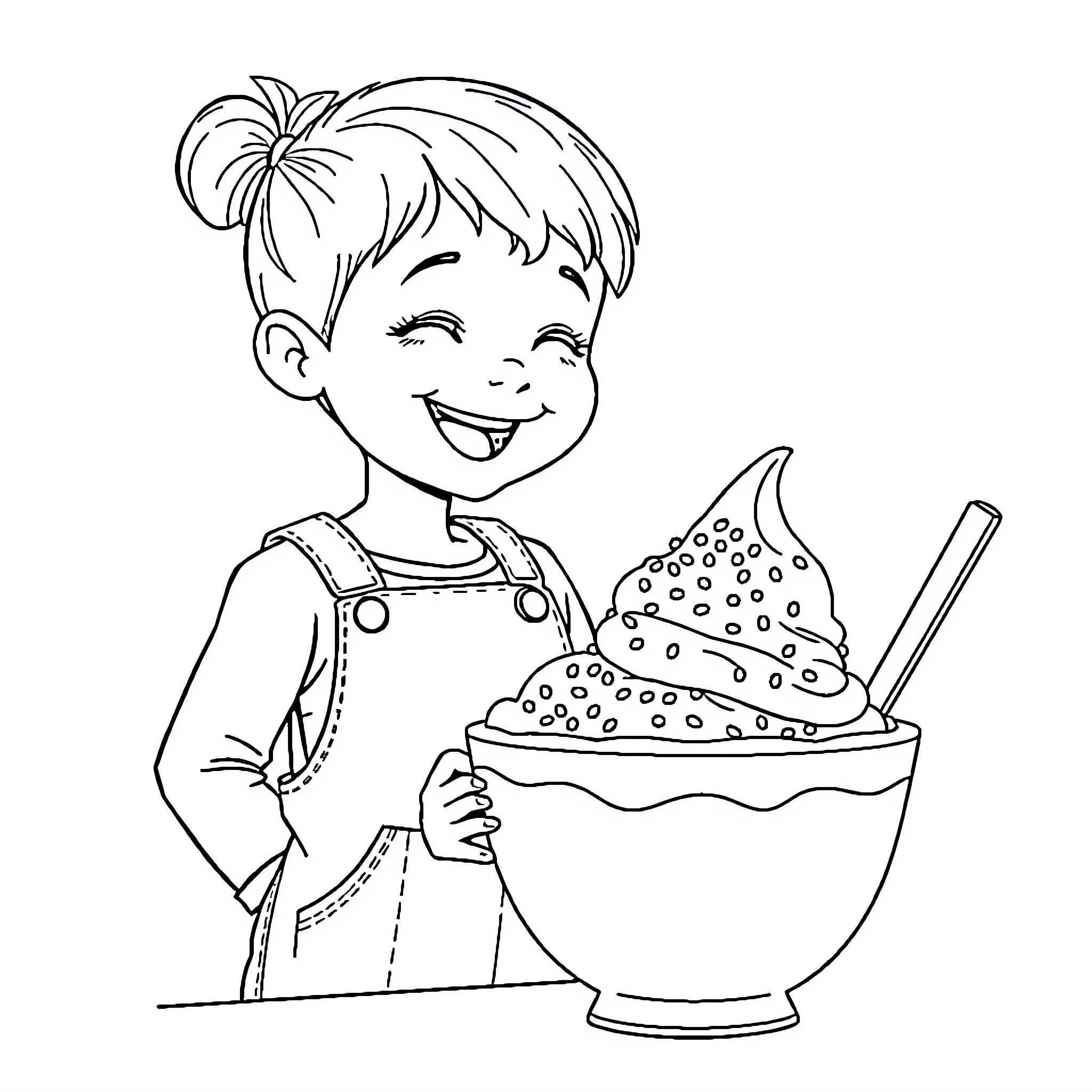 Girl enjoying a delicious ice cream treat Coloring Page (free black-and-white line drawing printable PDF for all, from beginners to advanced learners, including children, teens, adults, and seniors)