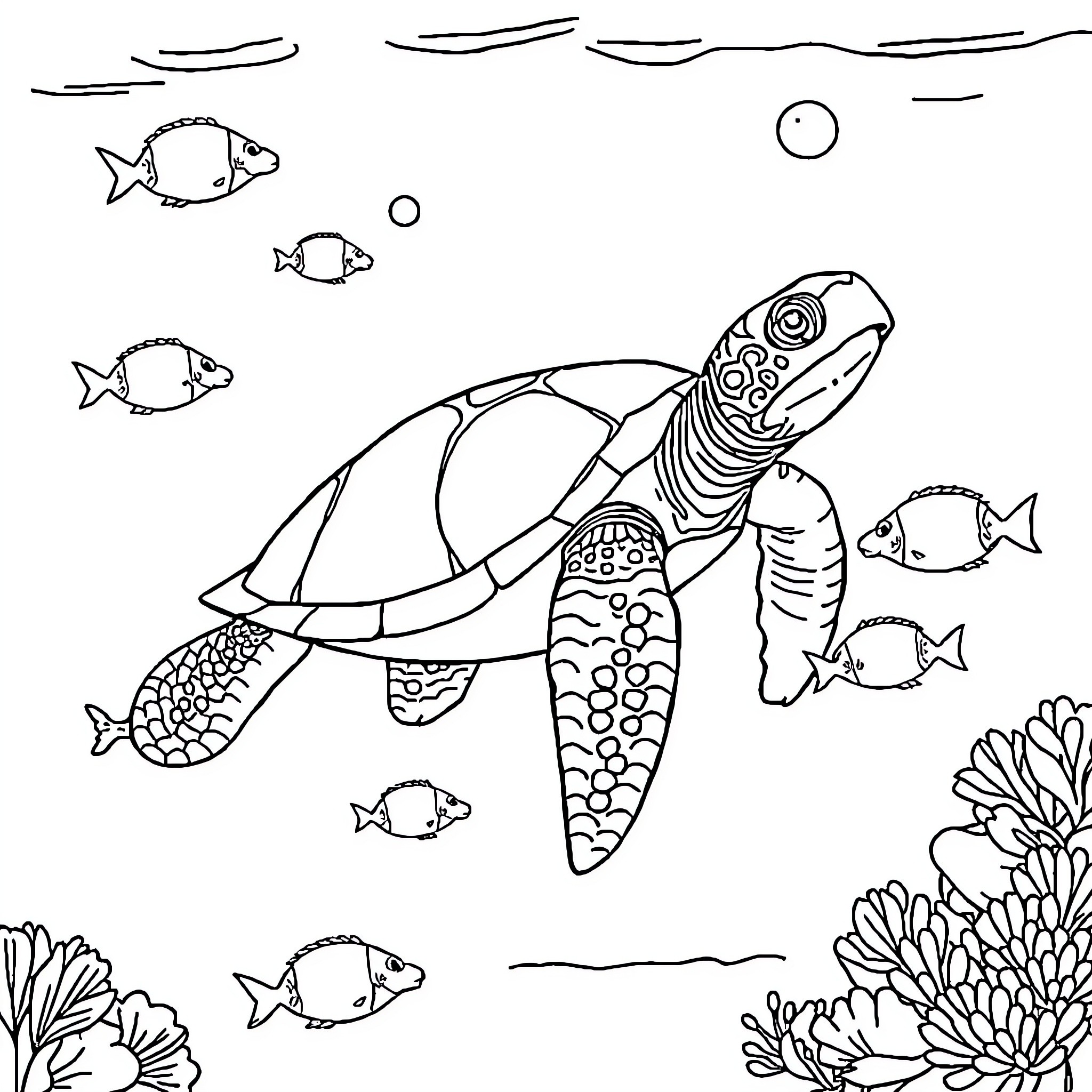 Turtle swimming among colorful sea creatures Coloring Page (free black-and-white line drawing printable PDF for all, from beginners to advanced learners, including children, teens, adults, and seniors)