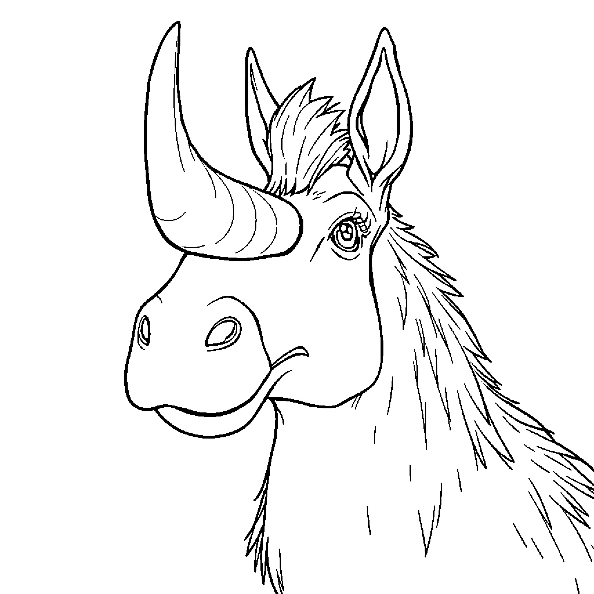 Rhinoceros head with distinctive features Coloring Page (free black-and-white line drawing printable PDF for all, from beginners to advanced learners, including children, teens, adults, and seniors)