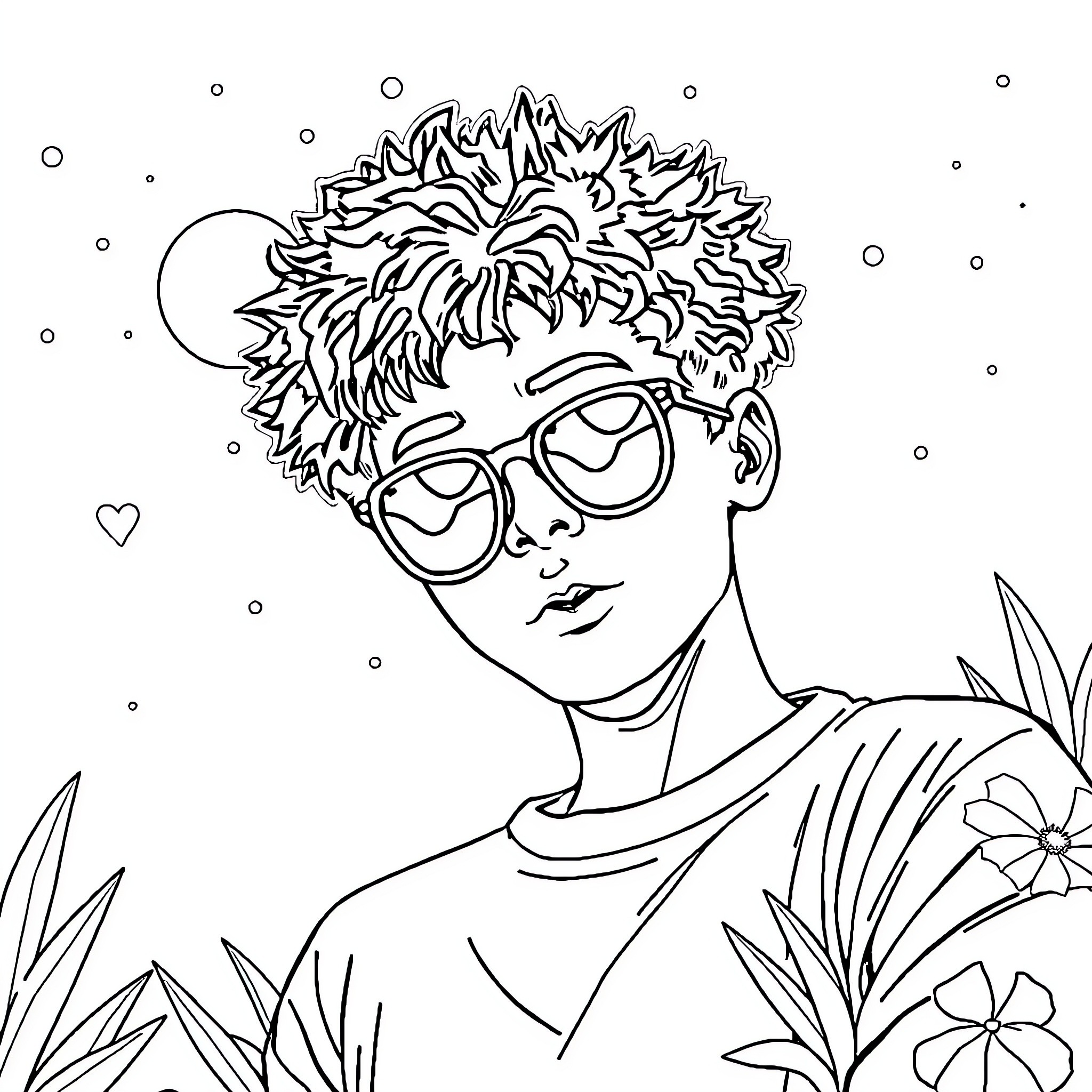 Teen in Funky Glasses Amid Vibrant Nature Coloring Page (free black-and-white line drawing printable PDF for all, from beginners to advanced learners, including children, teens, adults, and seniors)