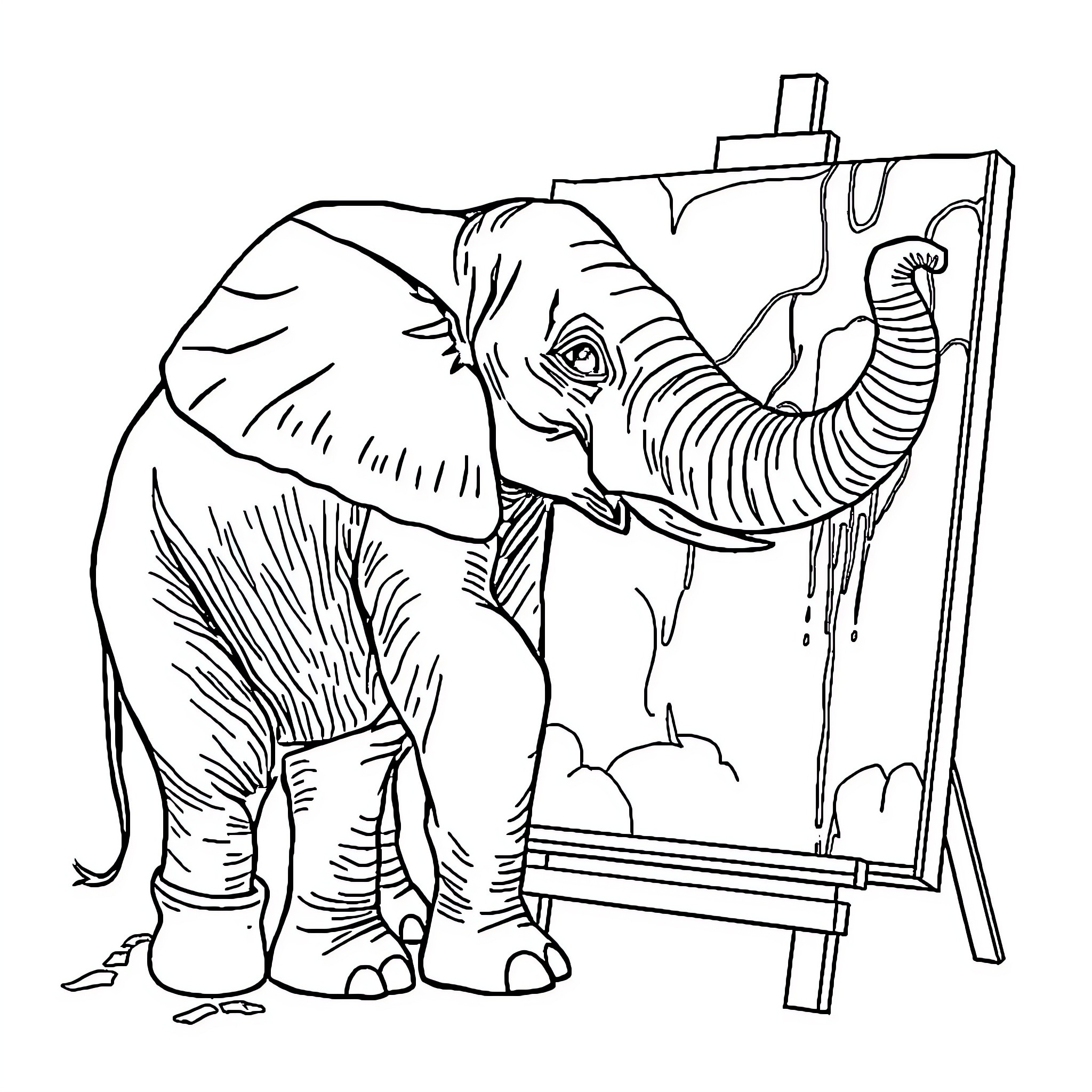 Elephant Painting its Portrait on Canvas Coloring Page (free black-and-white line drawing printable PDF for all, from beginners to advanced learners, including children, teens, adults, and seniors)