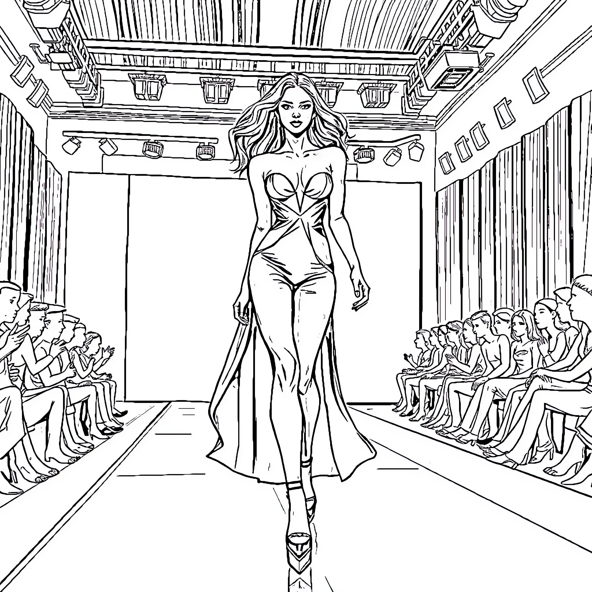 Supermodel strutting down the glamorous runway Coloring Page (free black-and-white line drawing printable PDF for all, from beginners to advanced learners, including children, teens, adults, and seniors)