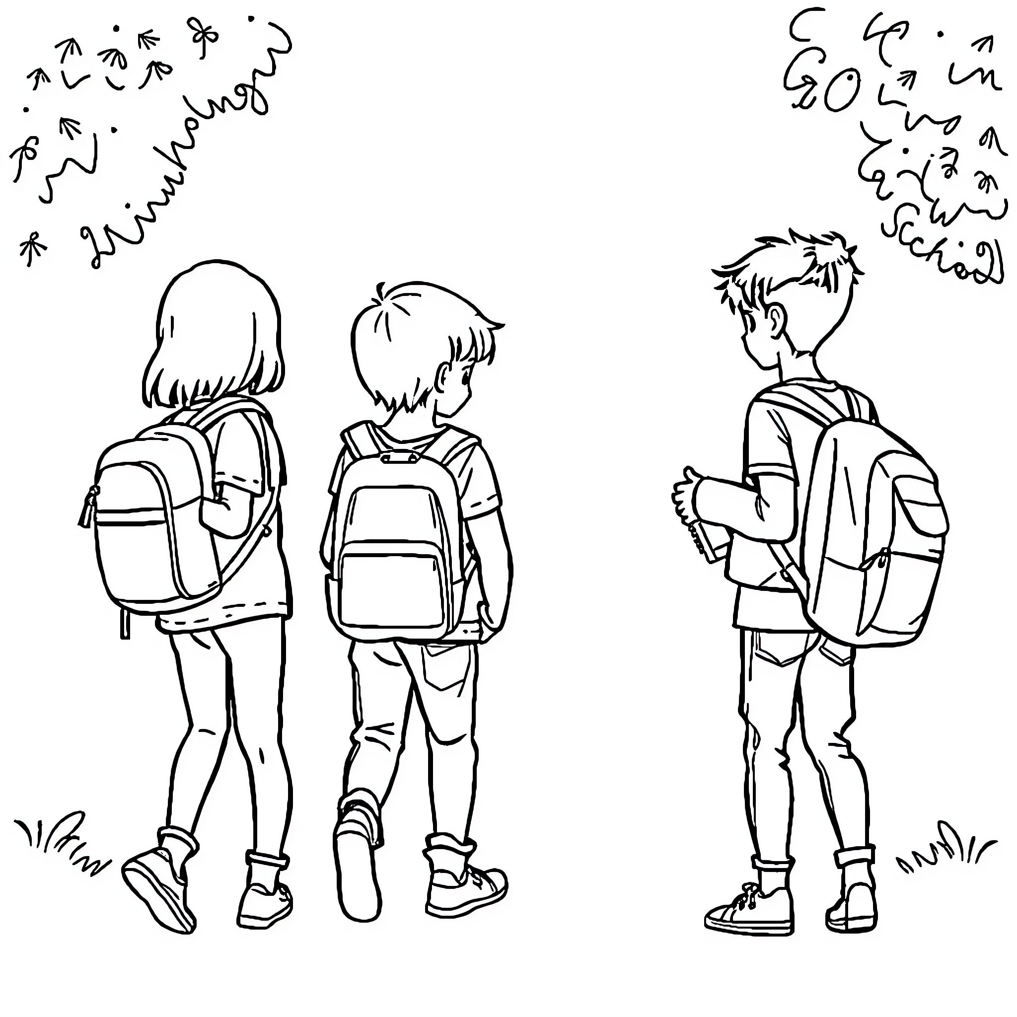 School Students Walking Together Coloring Page (free black-and-white line drawing printable PDF for all, from beginners to advanced learners, including children, teens, adults, and seniors)