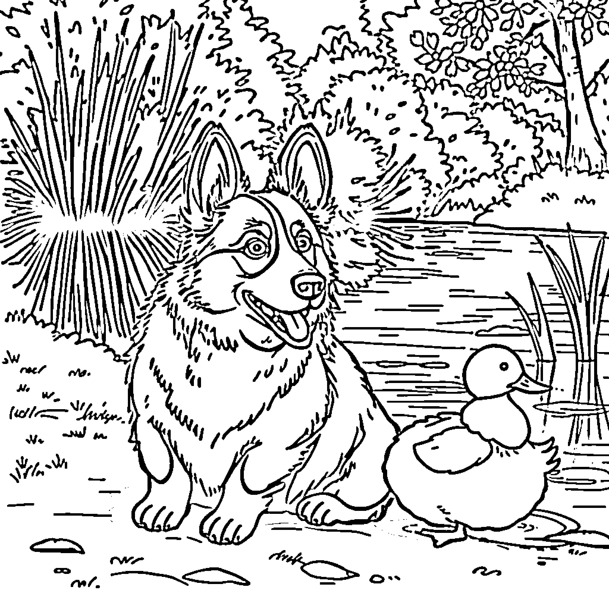 Corgi chasing a rubber duck in the garden Coloring Page (free black-and-white line drawing printable PDF for all, from beginners to advanced learners, including children, teens, adults, and seniors)