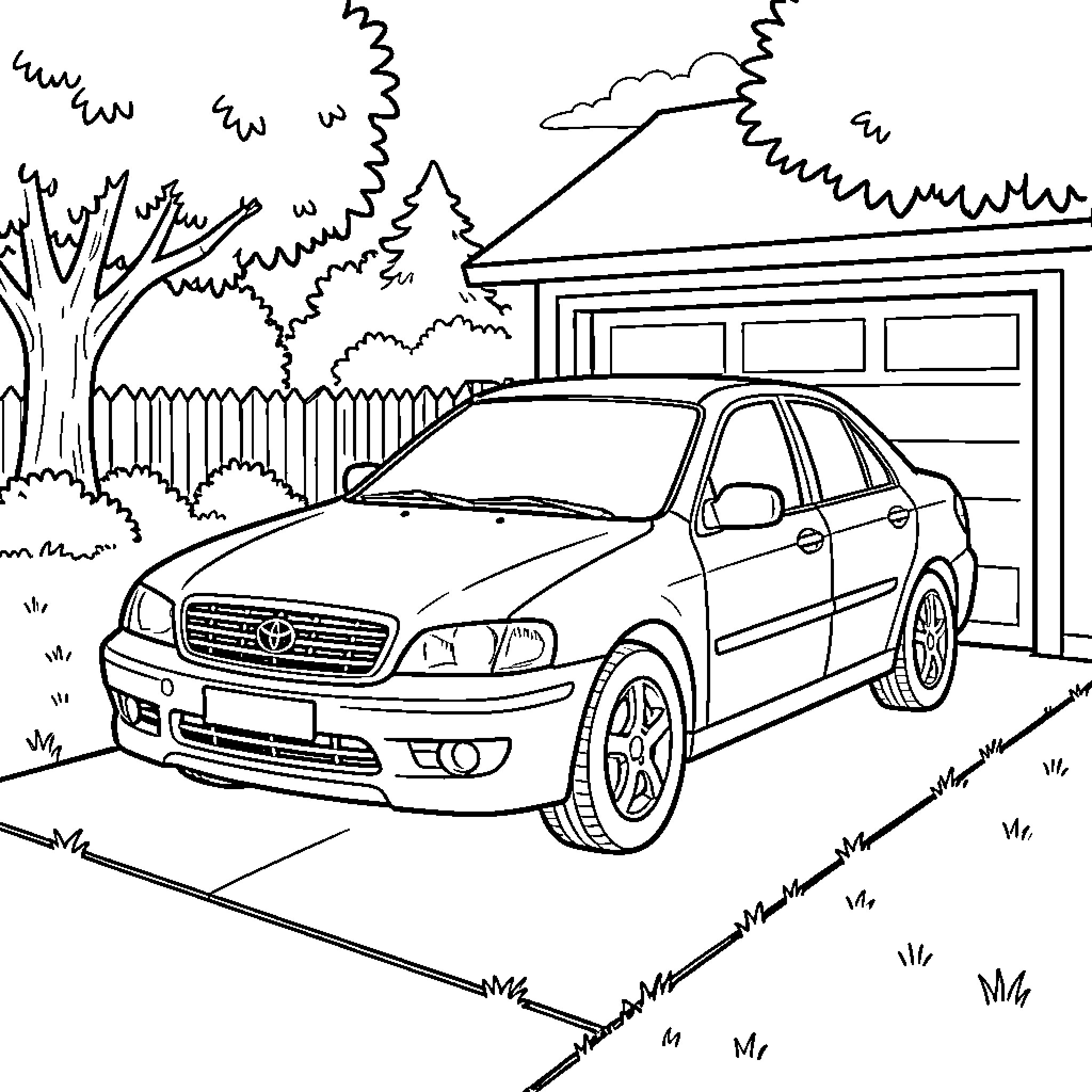 Car parked on a driveway in front of a garage Coloring Page (free black-and-white line drawing printable PDF for all, from beginners to advanced learners, including children, teens, adults, and seniors)