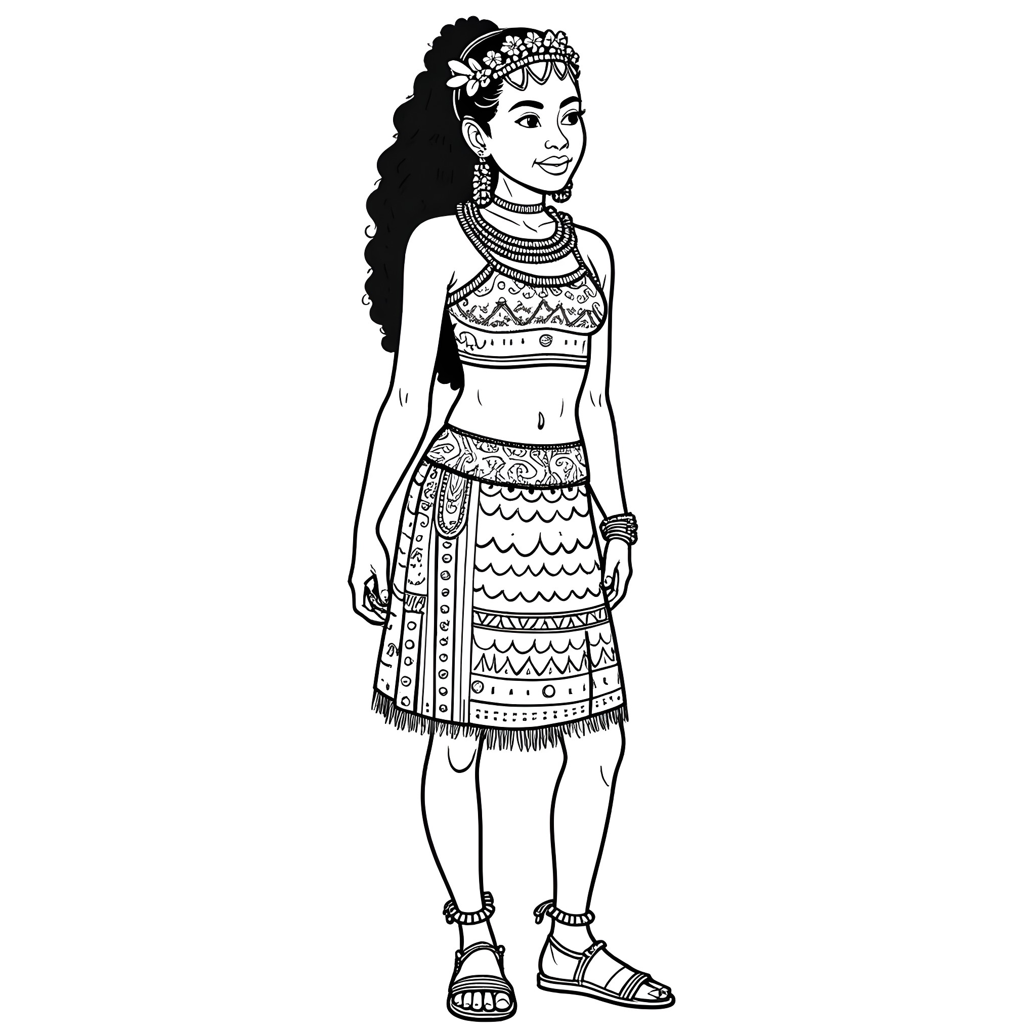 Woman in traditional ethnic clothing and headdress Coloring Page (free black-and-white line drawing printable PDF for all, from beginners to advanced learners, including children, teens, adults, and seniors)