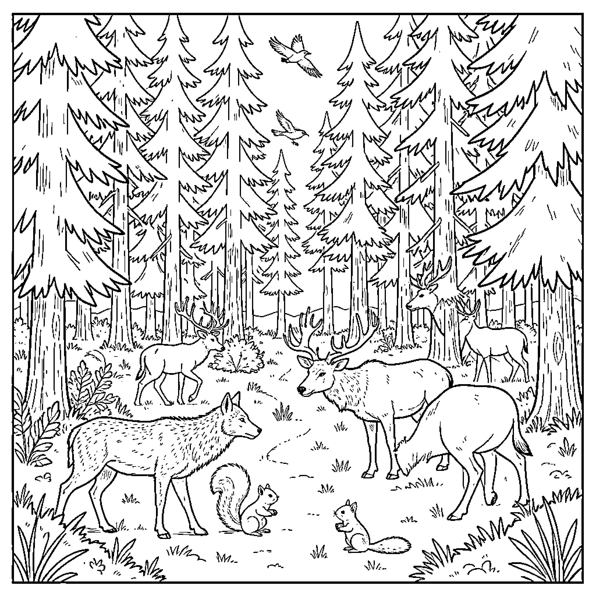 Forest animals living peacefully among the tall trees Coloring Page (free black-and-white line drawing printable PDF for all, from beginners to advanced learners, including children, teens, adults, and seniors)