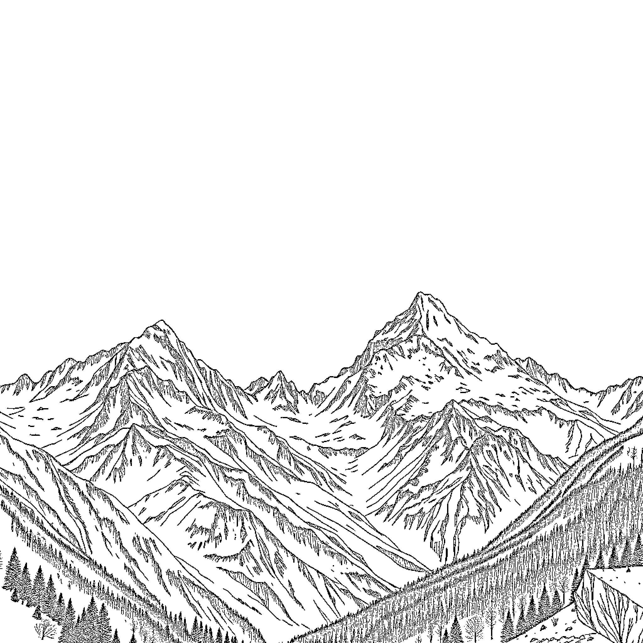 Mountain Landscape with Majestic Peaks Coloring Page (free black-and-white line drawing printable PDF for all, from beginners to advanced learners, including children, teens, adults, and seniors)