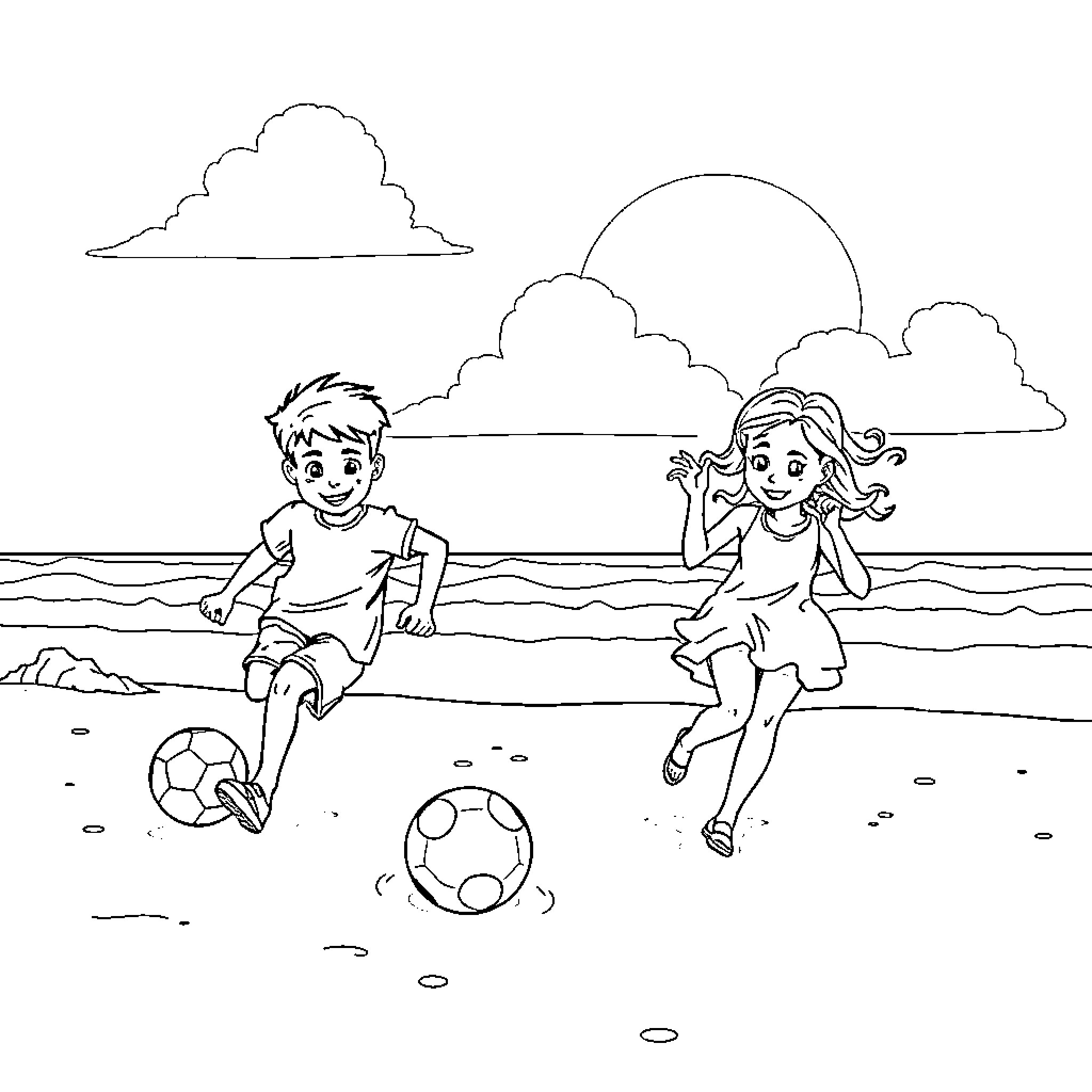 Family playing with soccer ball on the beach Coloring Page (free black-and-white line drawing printable PDF for all, from beginners to advanced learners, including children, teens, adults, and seniors)