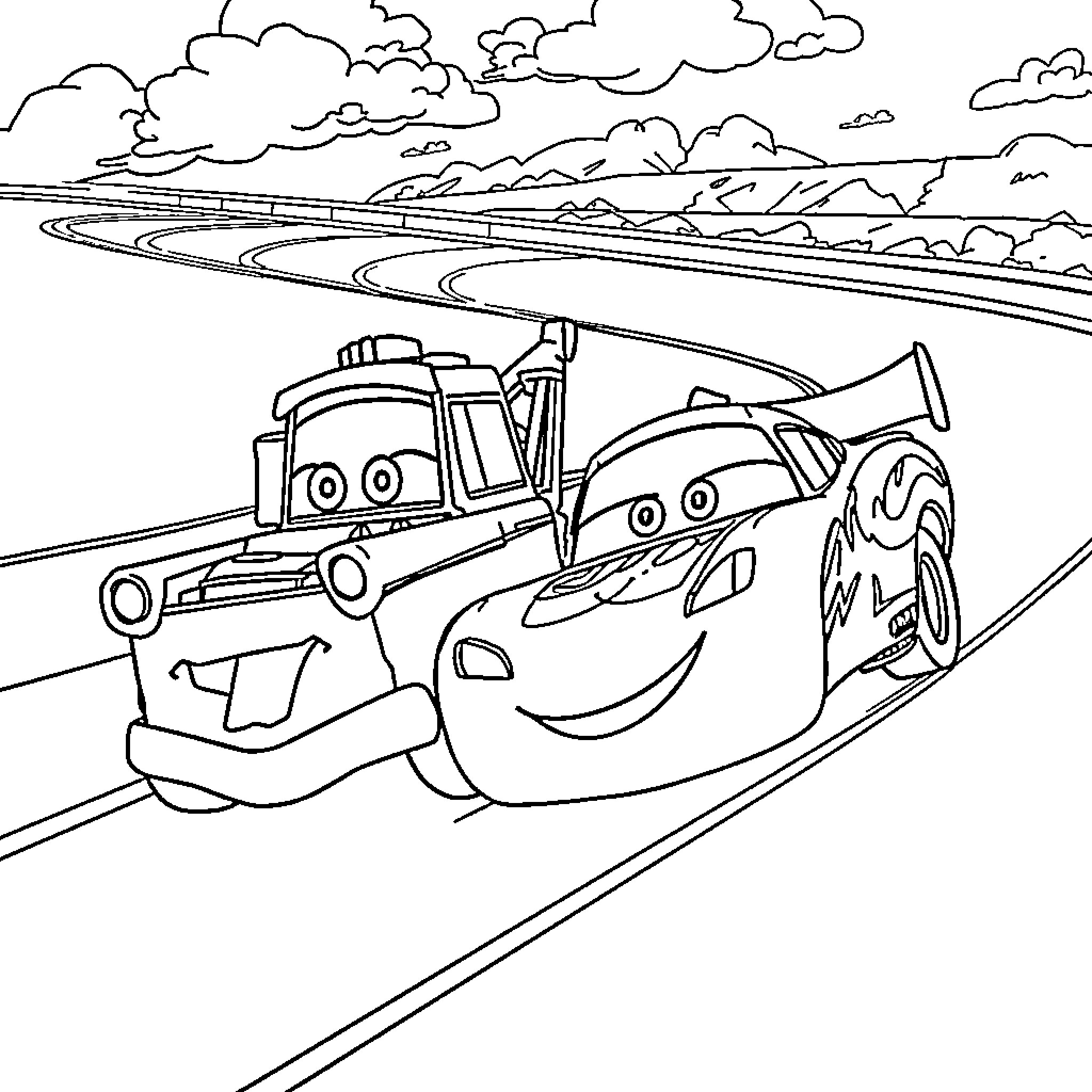 Hot Wheels cars racing on the highway Coloring Page (free black-and-white line drawing printable PDF for all, from beginners to advanced learners, including children, teens, adults, and seniors)